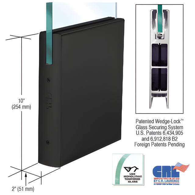 CRL Black Powder Coated 1/2" Glass 10" Square Door Rail Without Lock - 35-3/4" Length