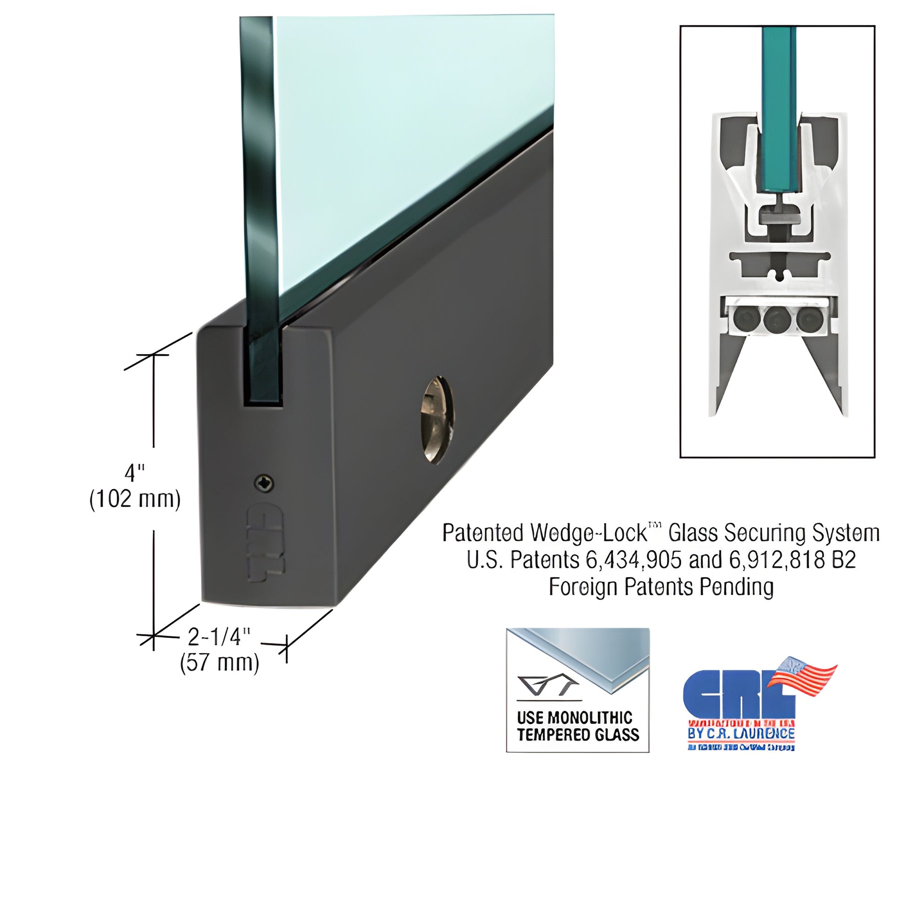 CRL Black Powder Coated 5/8" Glass 4" Square Door Rail With Lock - 35-3/4" Length