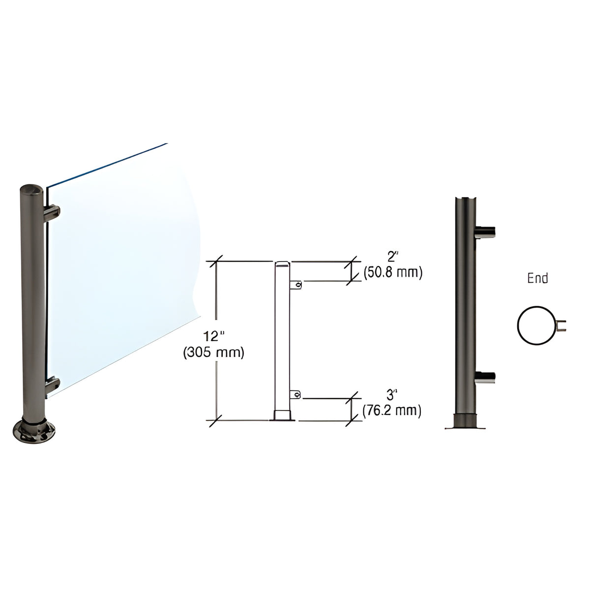 CRL Black Powder Paint 12" High 1" Round PP55 Slimline Series Straight Front Counter/Partition End Post