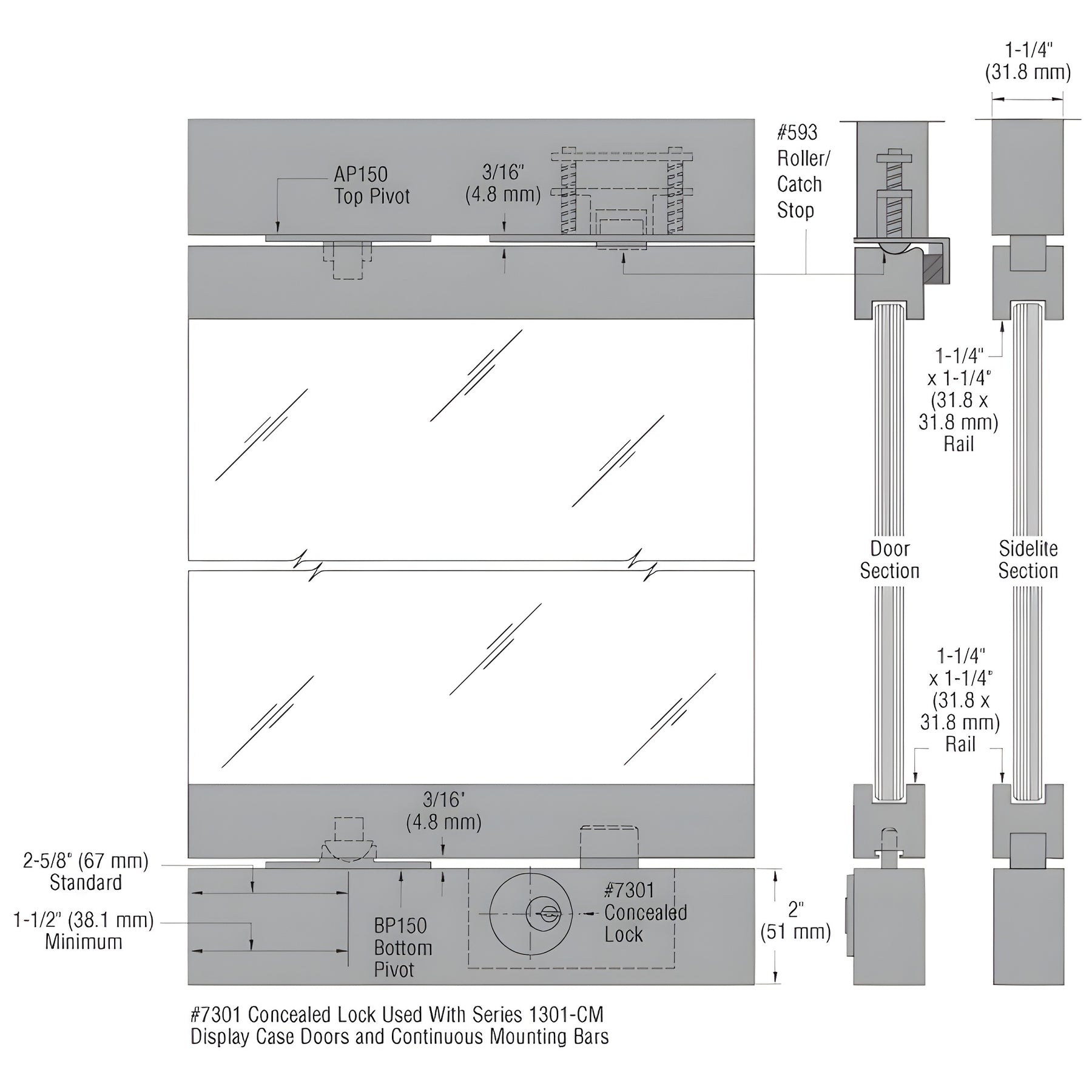 CRL-Blumcraft® Black/Bronze 1301-CM Display Case Double Door and Sidelite with Mounting Bars - 1/2" Tempered Glass