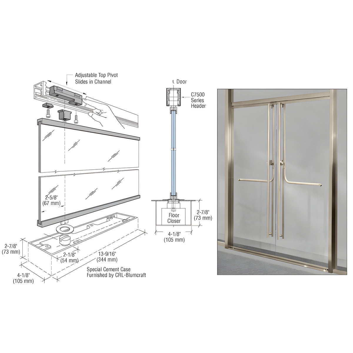 CRL-Blumcraft® Brushed Stainless 1301 Entry Door 1/2" Glass w/Fixed Closer and Standard Top Pivot - With Lock