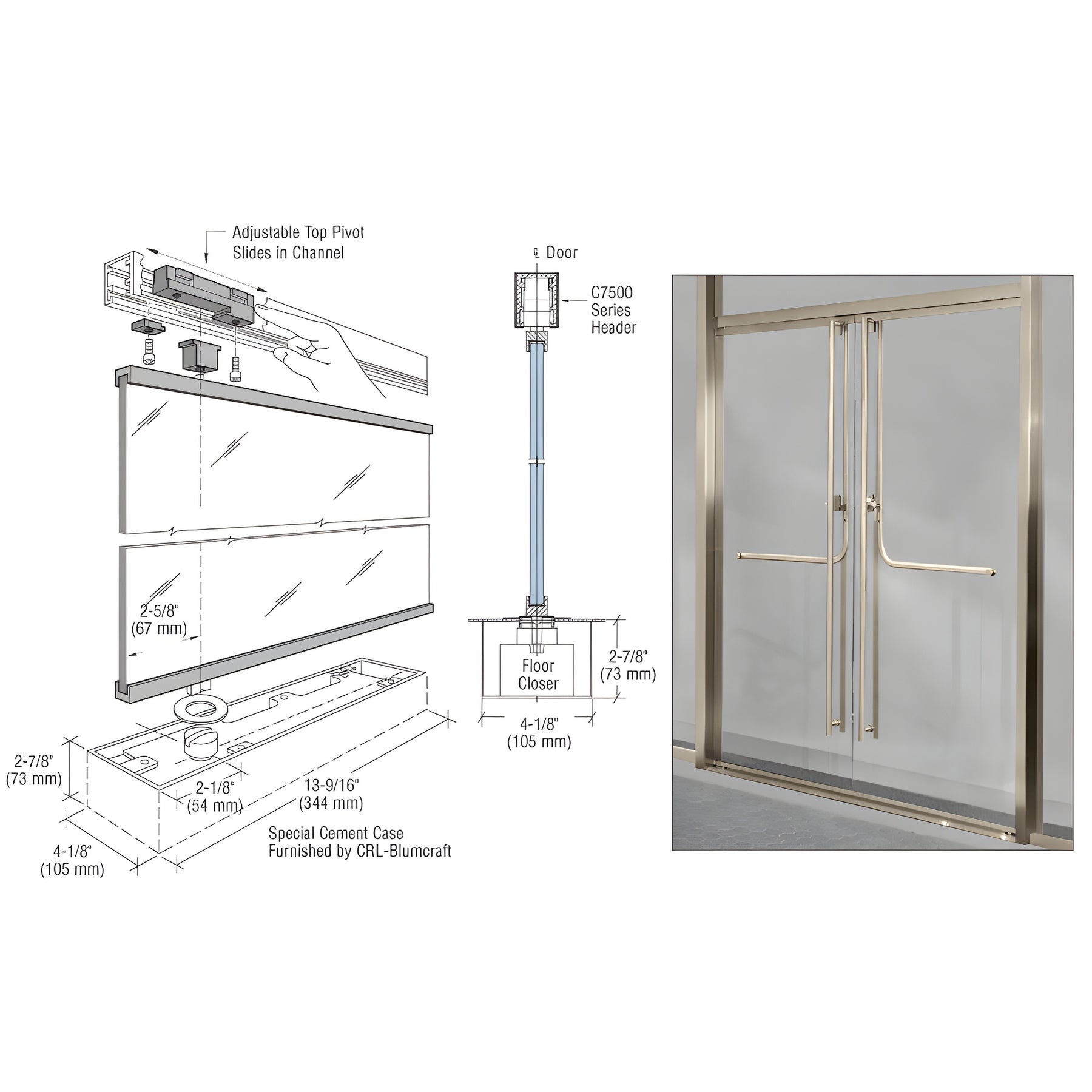 CRL-Blumcraft® Brushed Stainless 1301 Entry Door 1/2" Glass w/Fixed Closer and Standard Top Pivot - With Lock