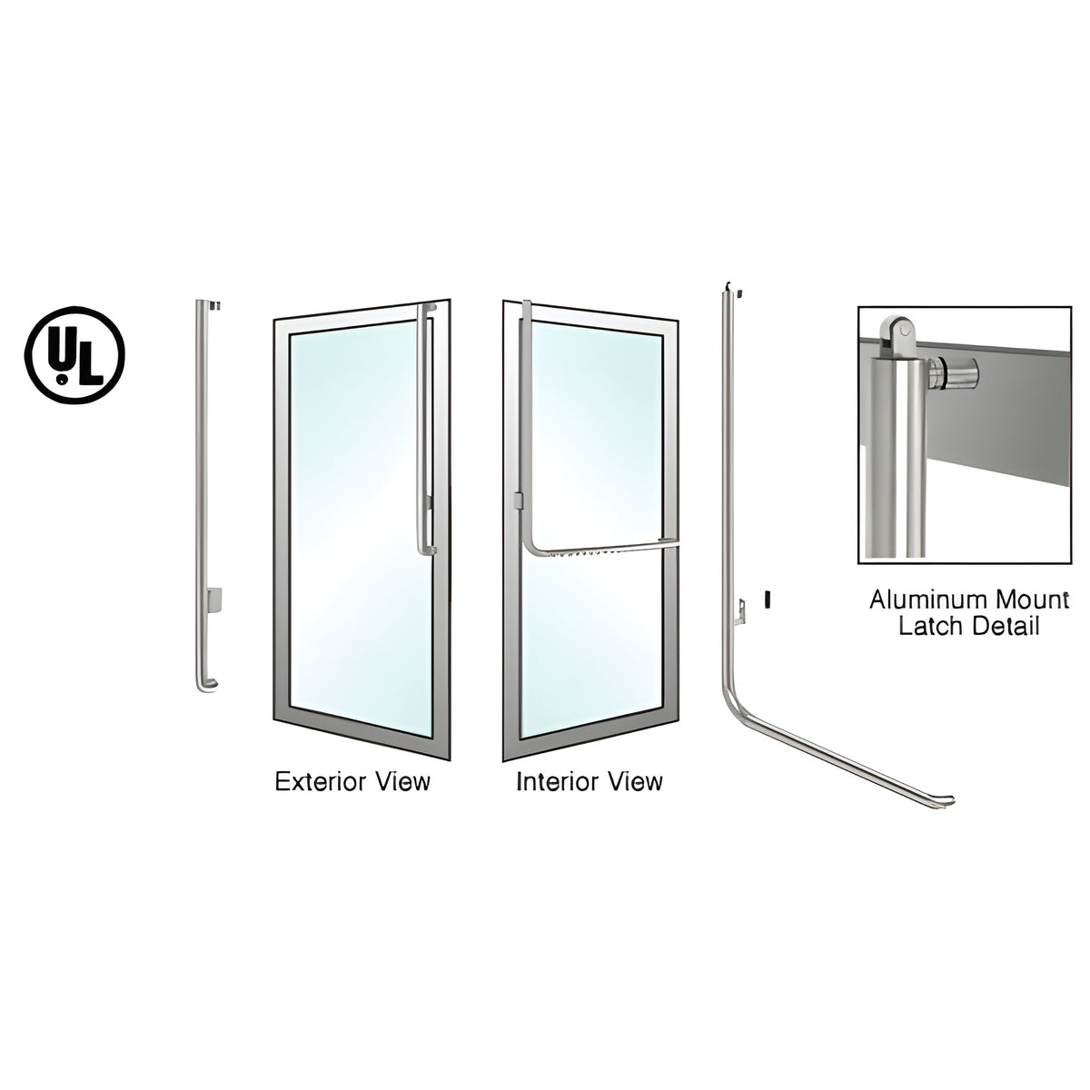 CRL-Blumcraft® Brushed Stainless Left Hand Reverse Aluminum Door Mount Retainer Plate "J" Exterior, Top Securing Panic Handle