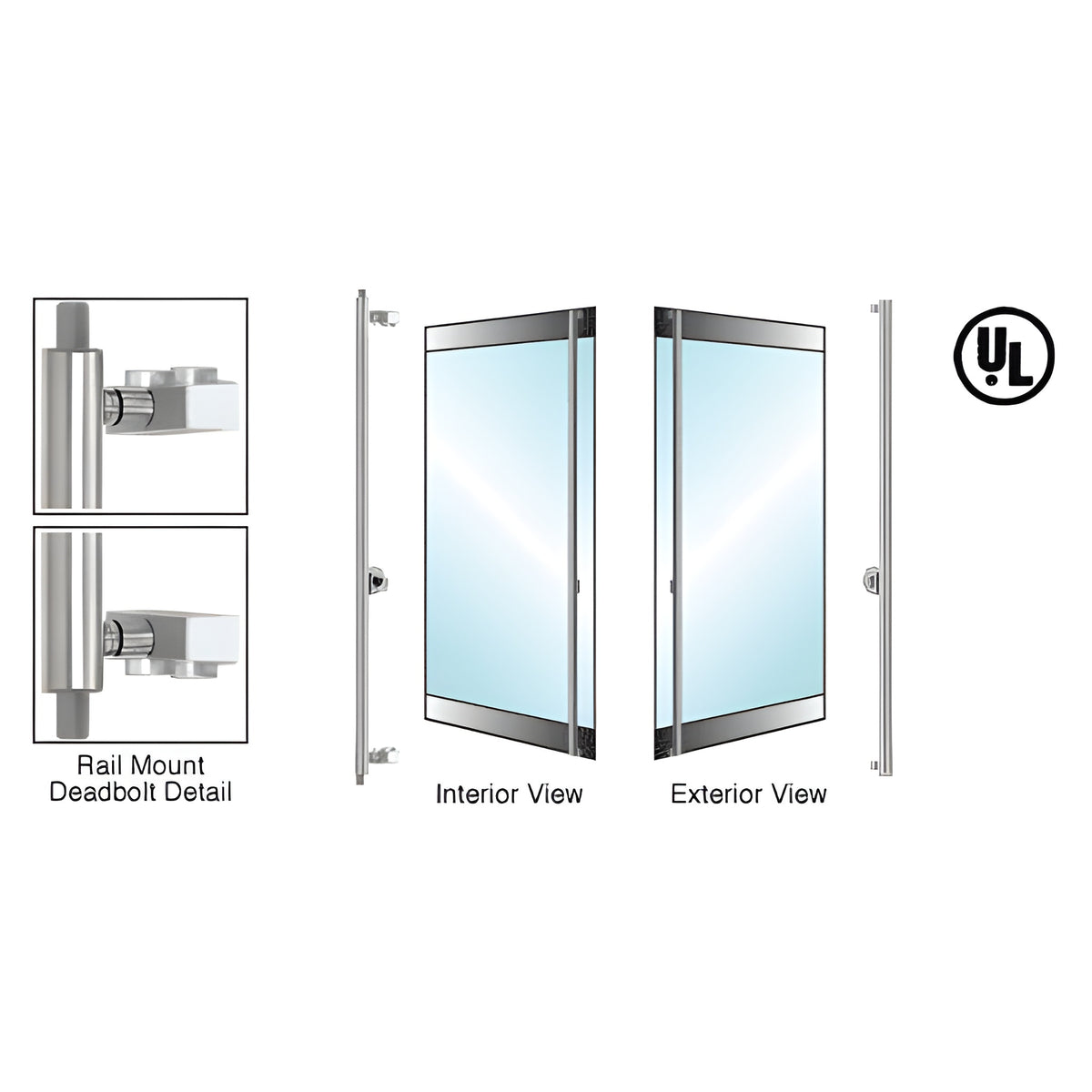 CRL-Blumcraft® Brushed Stainless Right Hand Double Acting Rail Mount 'F' Exterior Top and Bottom Secured Deadbolt Handle With Cylinder Outside and Thumbturn Inside