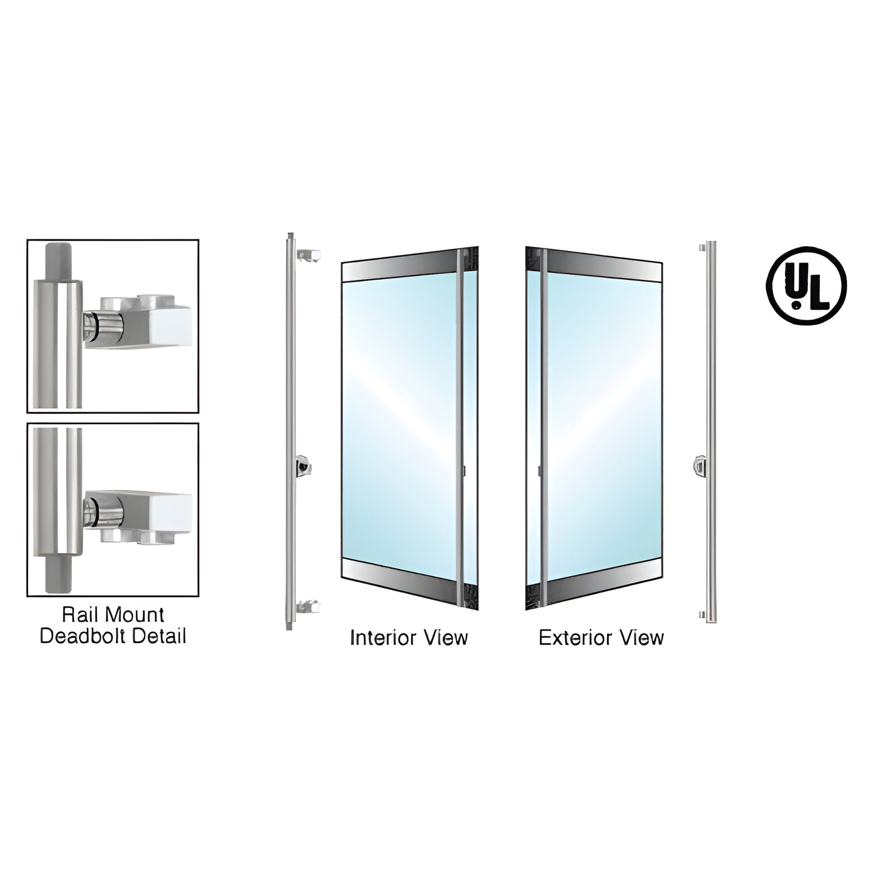 CRL-Blumcraft® Brushed Stainless Right Hand Double Acting Rail Mount 'F' Exterior Top and Bottom Secured Deadbolt Handle With Cylinder Outside and Thumbturn Inside