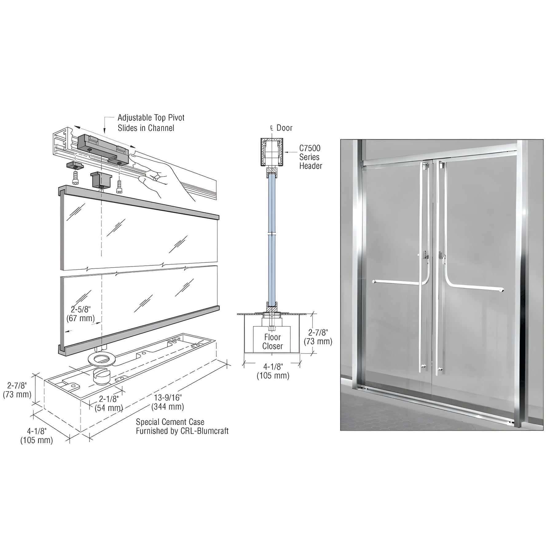 CRL-Blumcraft® Polished Stainless 1301 Entry Door 1/2" Glass w/Overhead Closer - No Lock