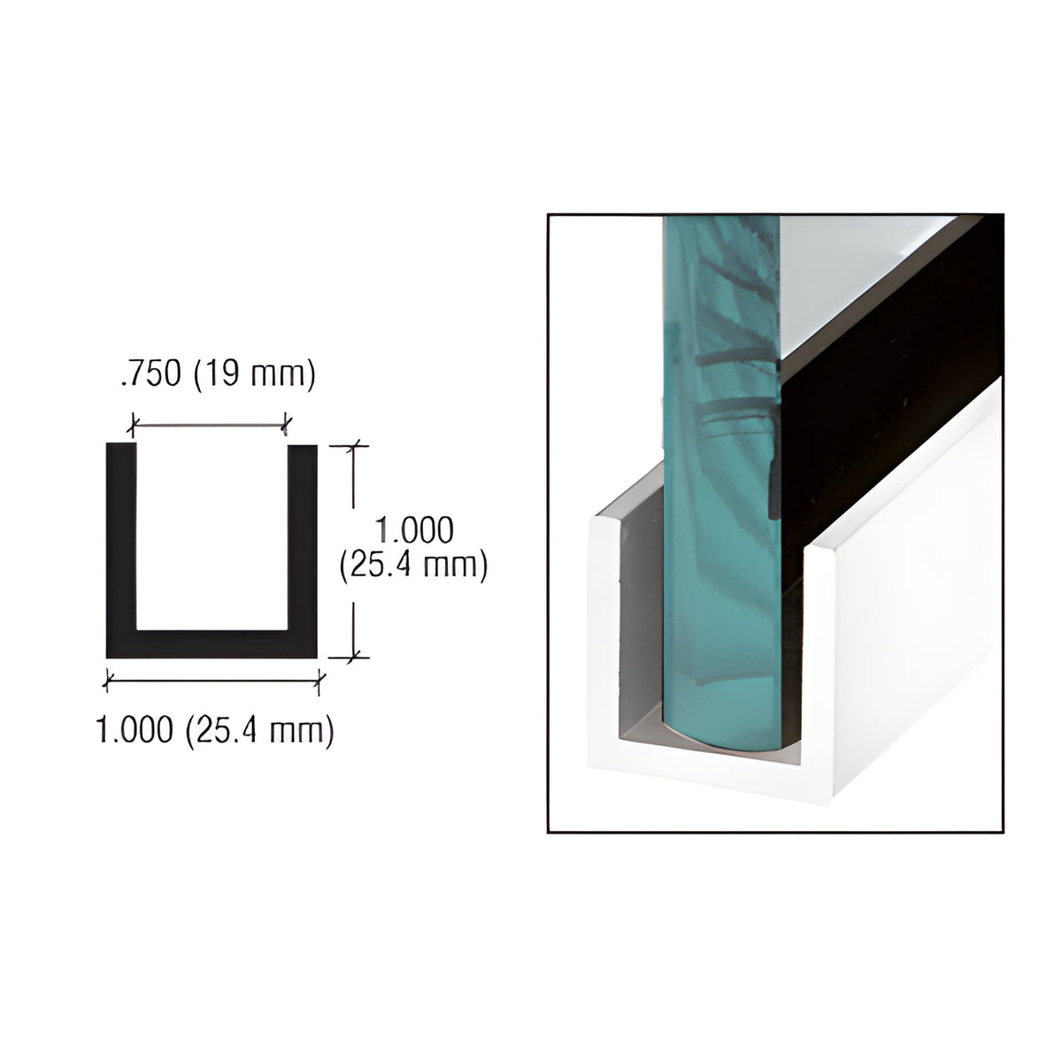 CRL Brite Brushed Anodized Wet / Dry Glaze 1" Deep U-Channel Custom Length