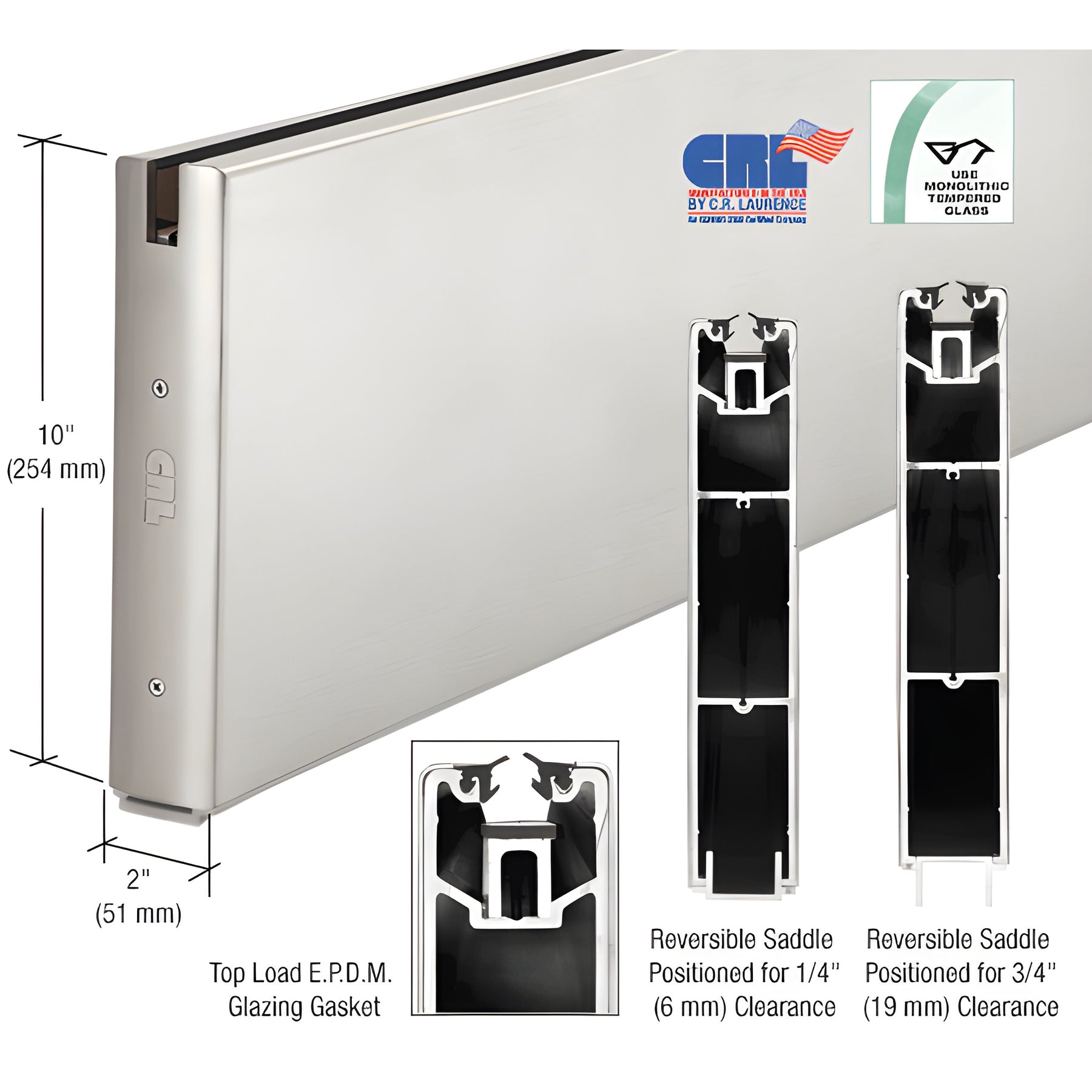 CRL Brushed Stainless 10" Custom Length Square Sidelite Rail for 3/8" or 1/2" Glass