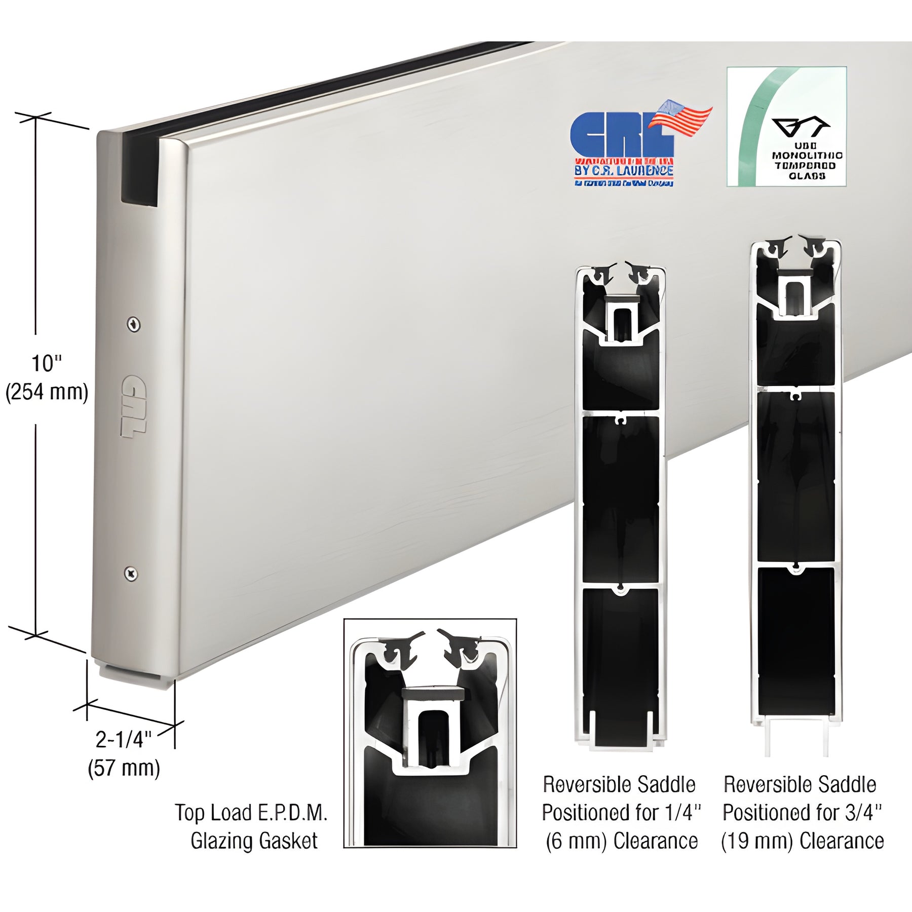 CRL Brushed Stainless 10" x 120" Length Square Sidelite Rail for 5/8" or 3/4" Glass