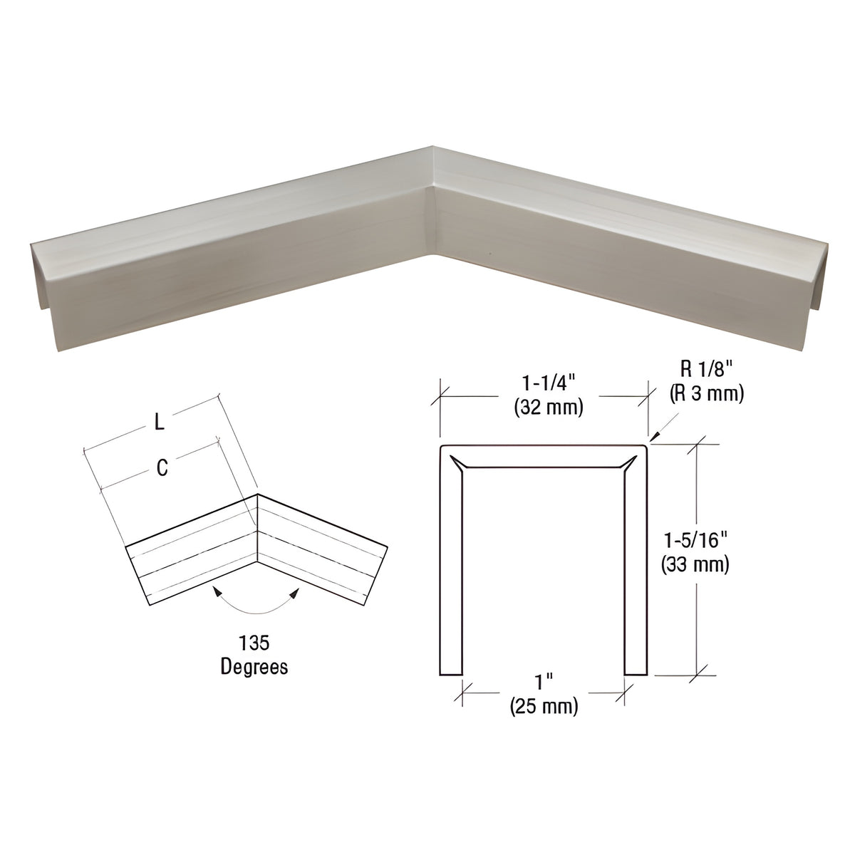 CRL Brushed Stainless 11 Gauge 135 Degree Horizontal Corner for 3/4" Glass Crisp Corner Low Profile Cap Rail