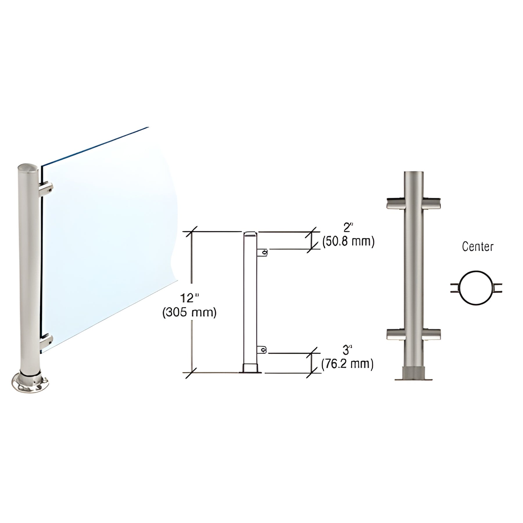 CRL Brushed Stainless 12" High 1" Round PP55 Slimline Series Straight Front Counter/Partition Center Post