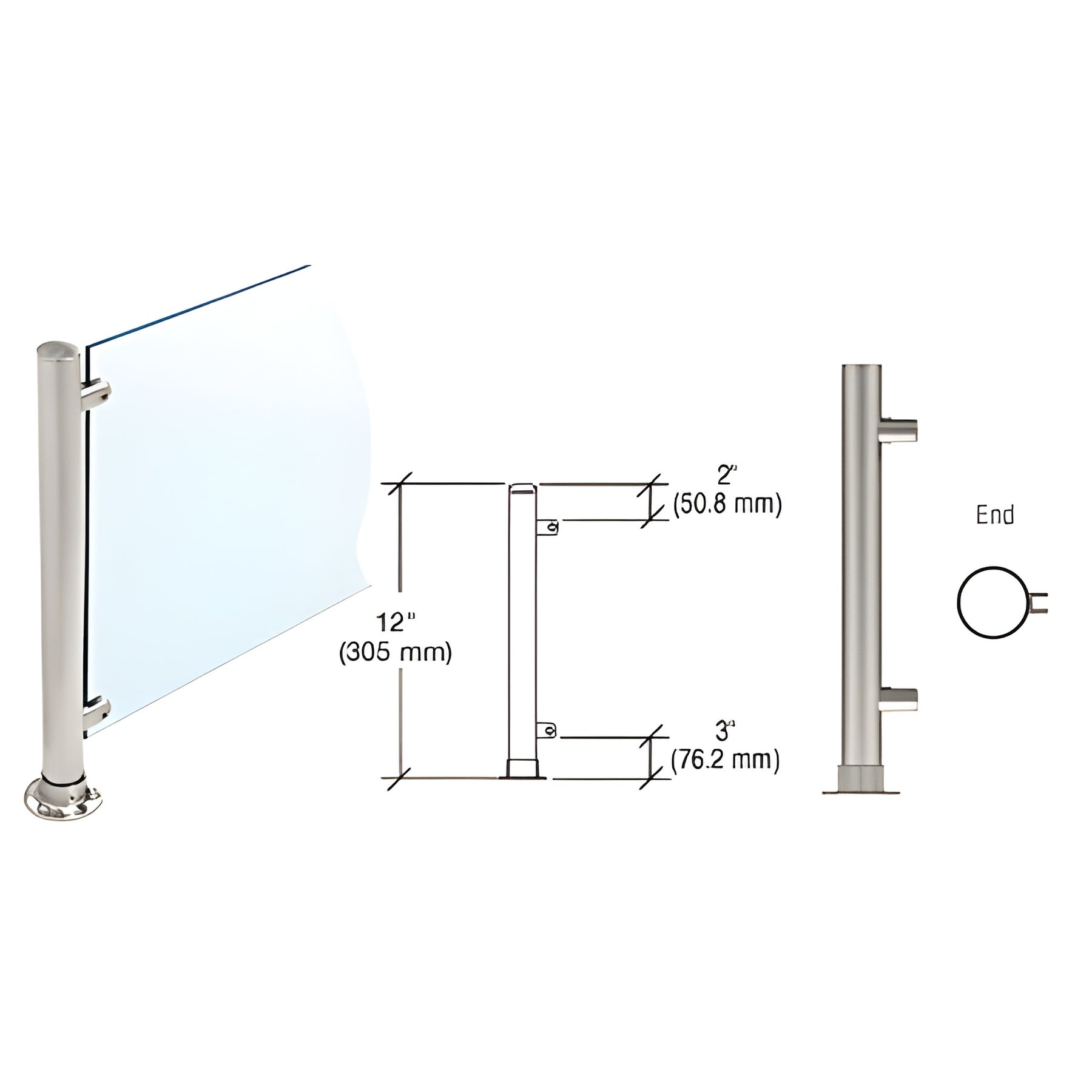 CRL Brushed Stainless 12" High 1" Round PP55 Slimline Series Straight Front Counter/Partition End Post