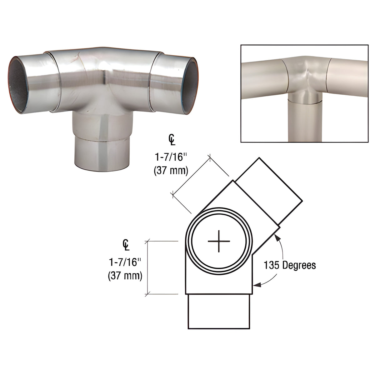 CRL Brushed Stainless 135 Degree Side Outlet Elbow for 1-1/2" Tubing