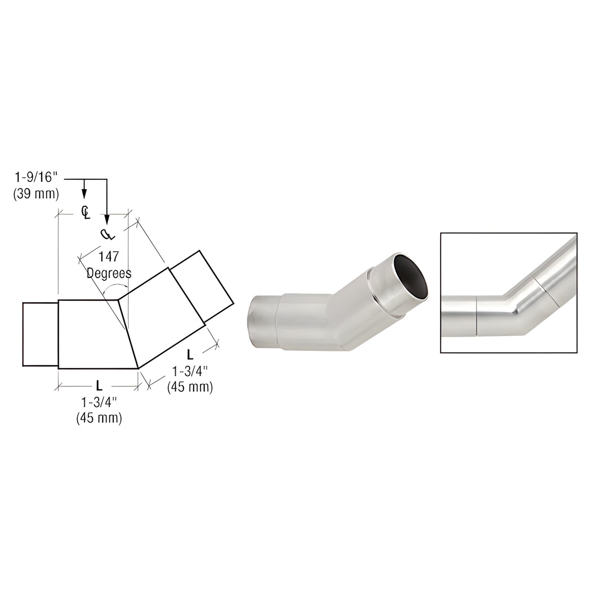 CRL Brushed Stainless 147 Degree Flush Angle for 1-1/2" Tubing