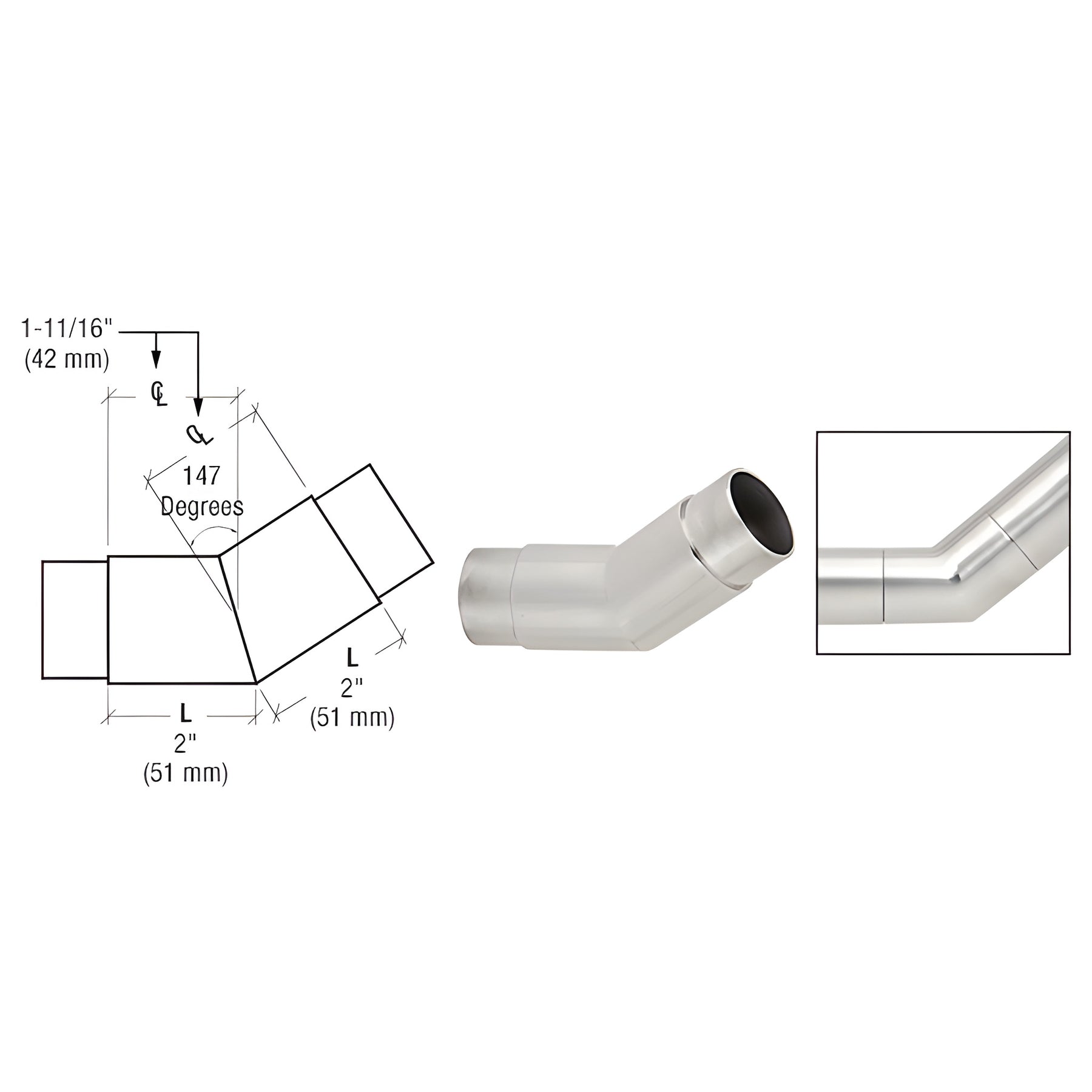 CRL Brushed Stainless 147 Degree Flush Angle for 2" Tubing