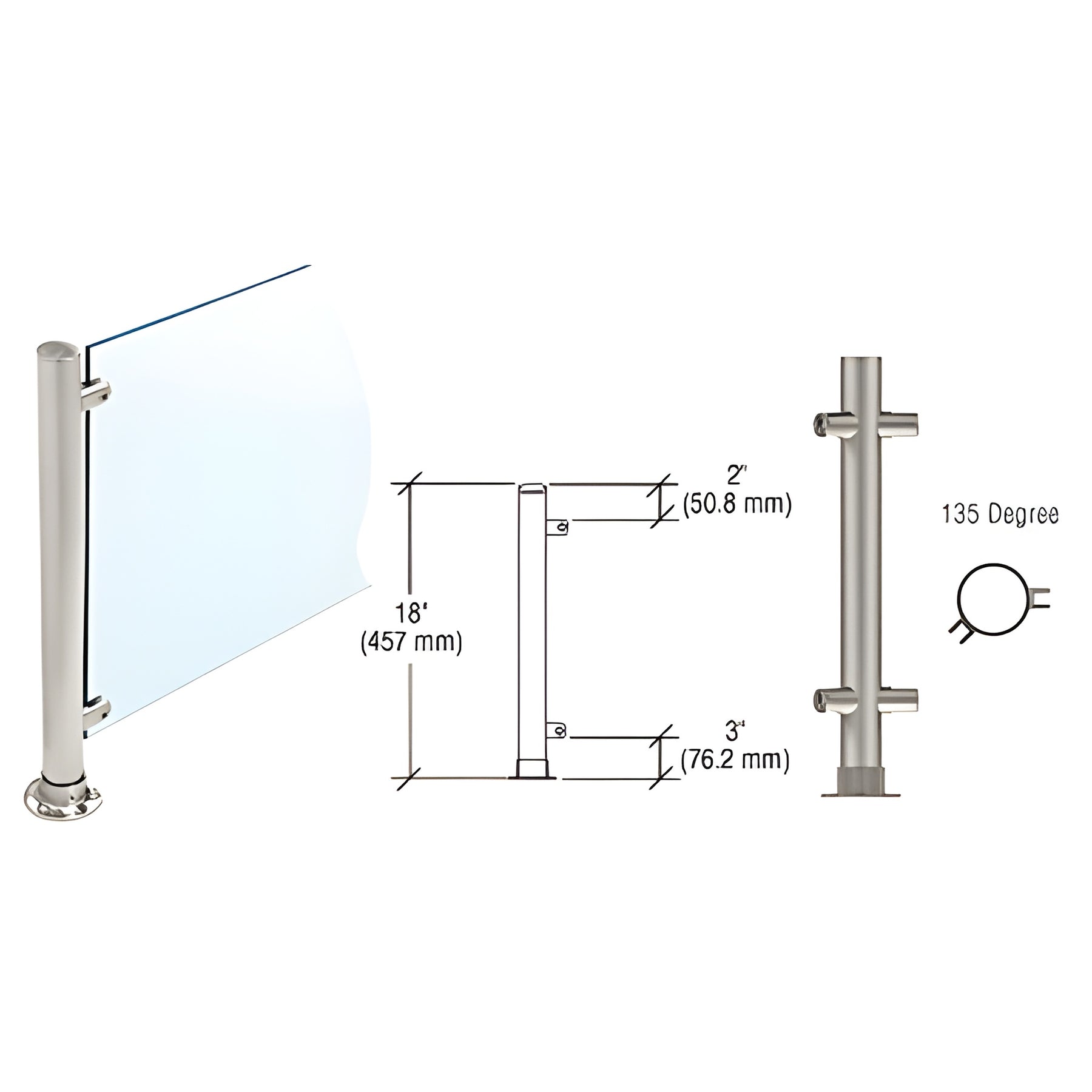 CRL Brushed Stainless 18" High 1" Round PP56 Slimline Series Straight Front Counter/Partition 135 Degree Post
