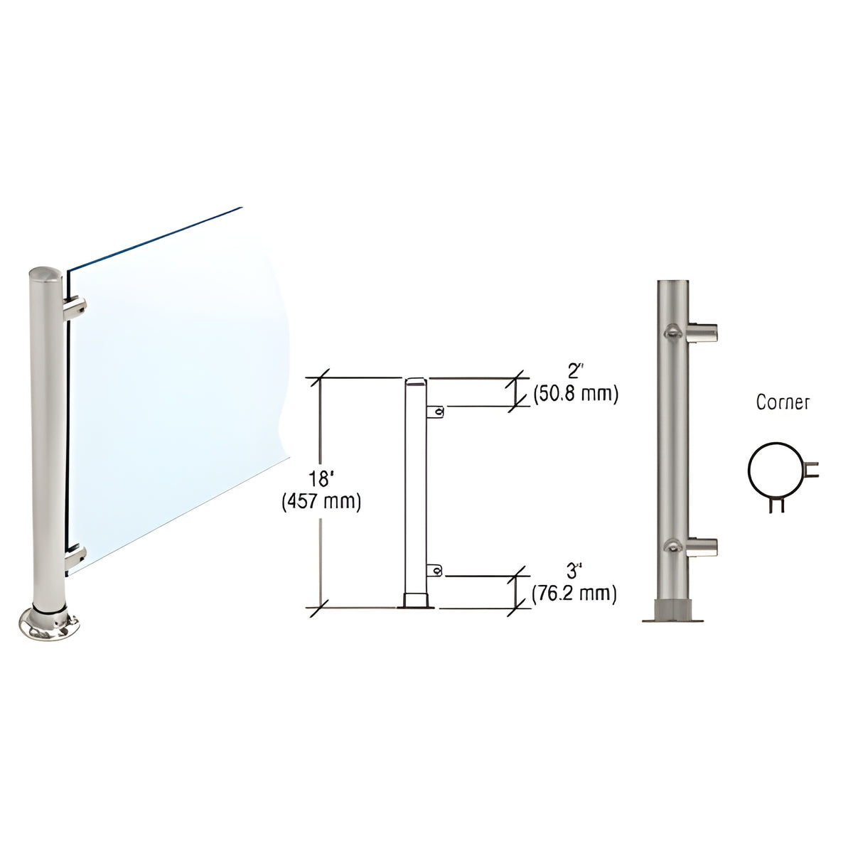 CRL Brushed Stainless 18" High 1" Round PP56 Slimline Series Straight Front Counter/Partition Corner Post