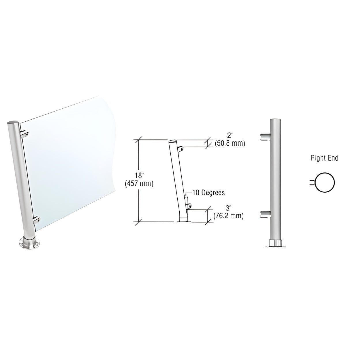CRL Brushed Stainless 18" High 1" Round PP65 Slimline Series Slant Front Counter/Partition Right End Post
