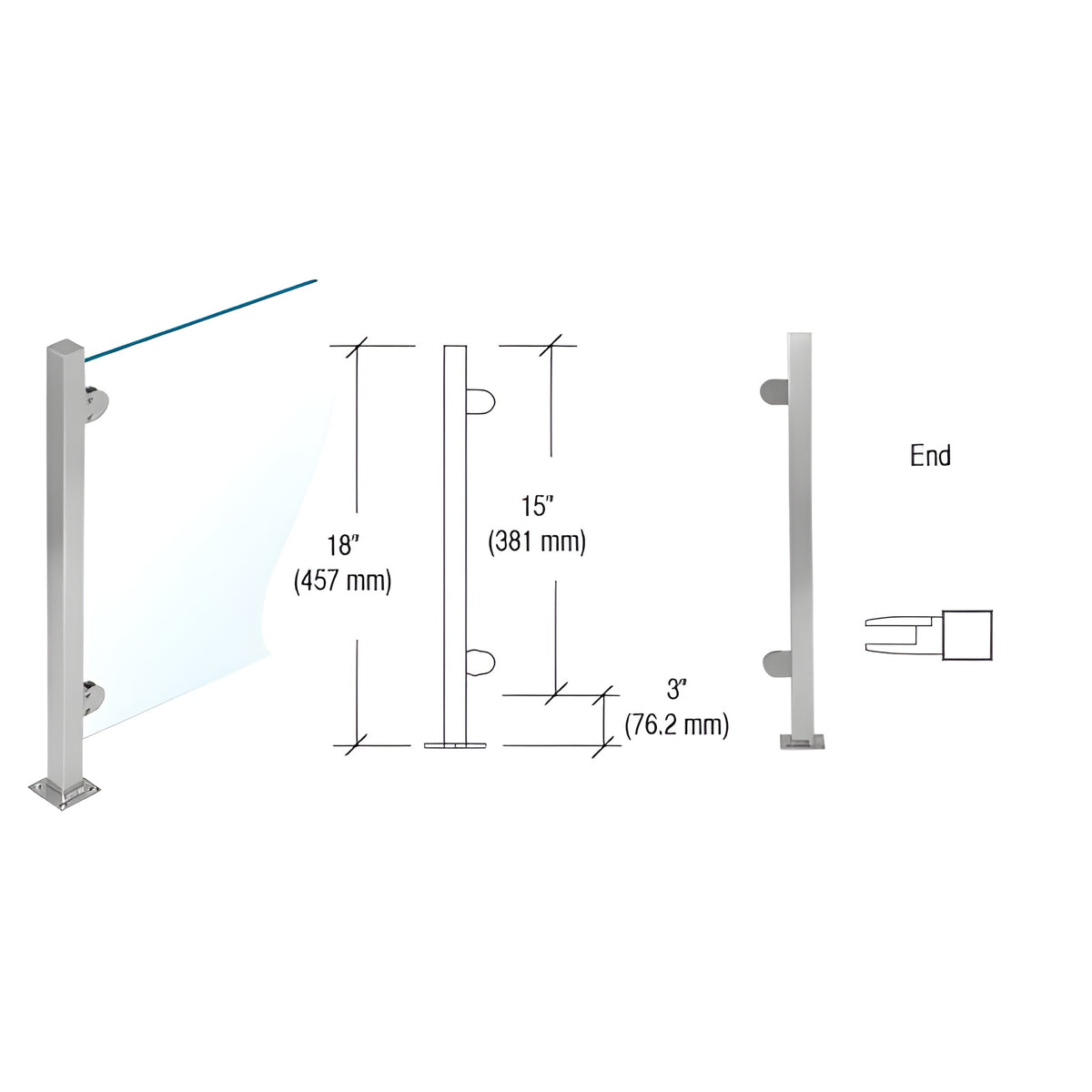 CRL Brushed Stainless 18" High 1" Square PP48 Mini Plaza Series Partition End Post With Mini Z-Clamps