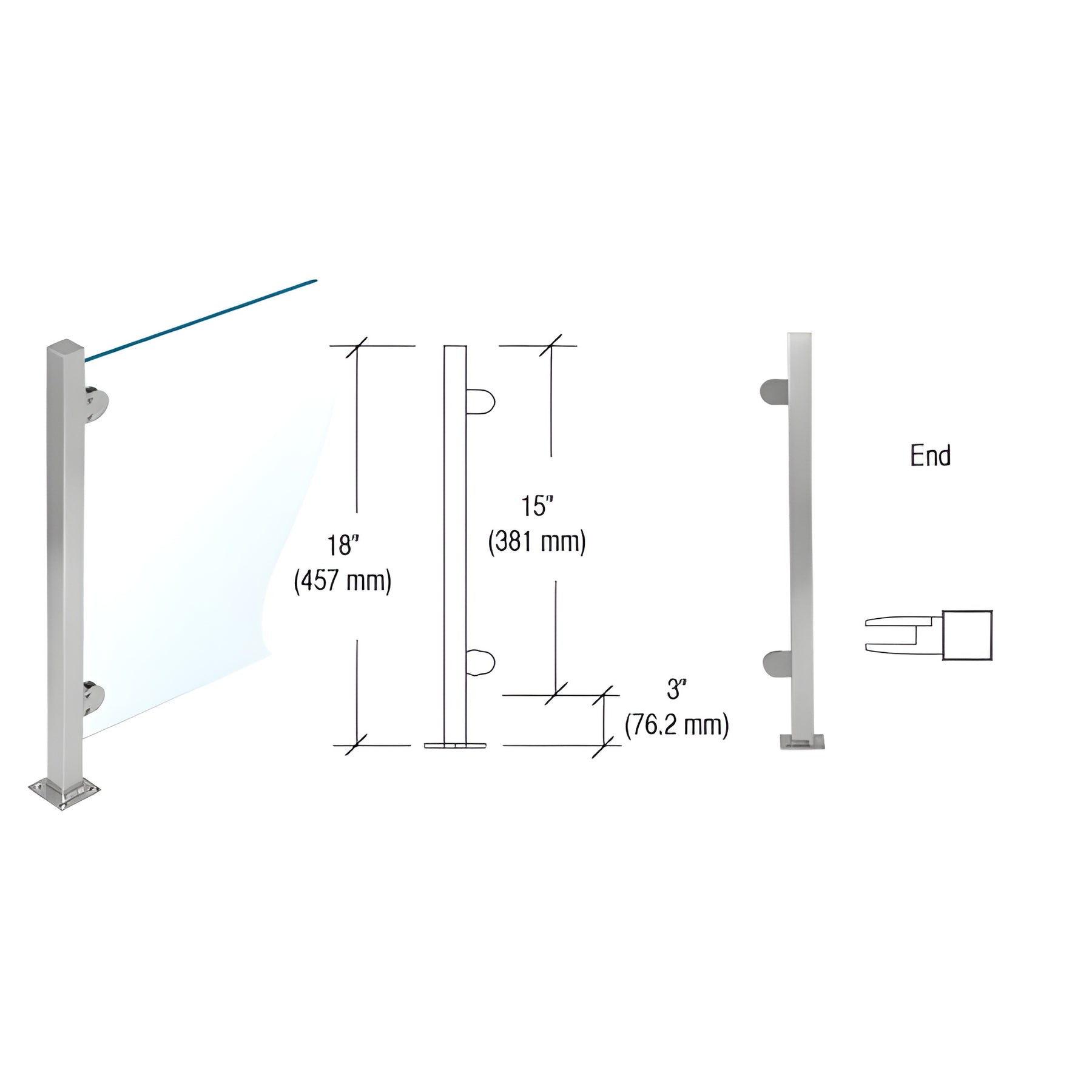 CRL Brushed Stainless 18" High 1" Square PP48 Mini Plaza Series Partition End Post With Mini Z-Clamps