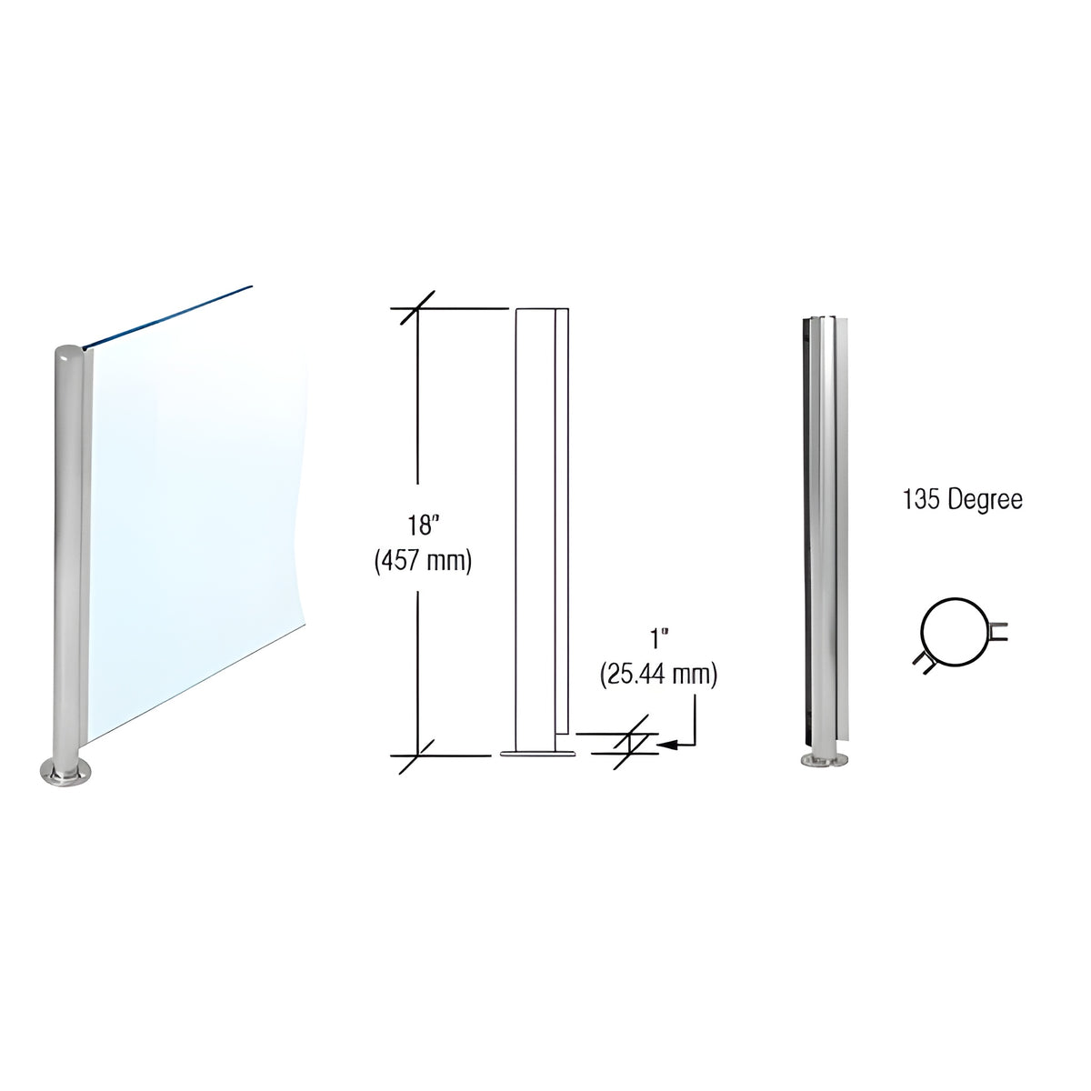 CRL Brushed Stainless 18" x 1" SBPP08 Slimline Series Round 135 Degree Partition Post