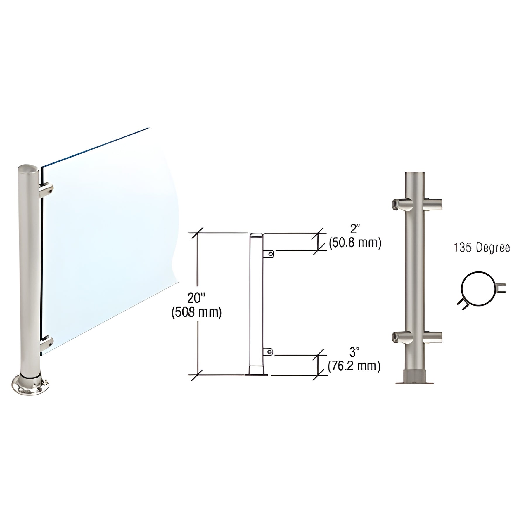CRL Brushed Stainless 20" High 1" Round PP56 Slimline Series Straight Front Counter/Partition 135 Degree Post