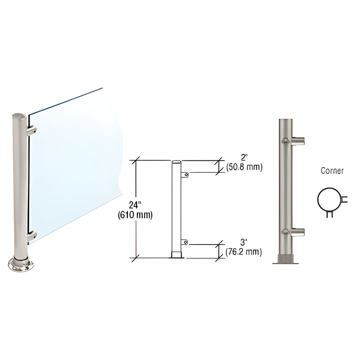 CRL Brushed Stainless 24" High 1" Round PP58 Slimline Series Straight Front Counter/Partition Corner Post