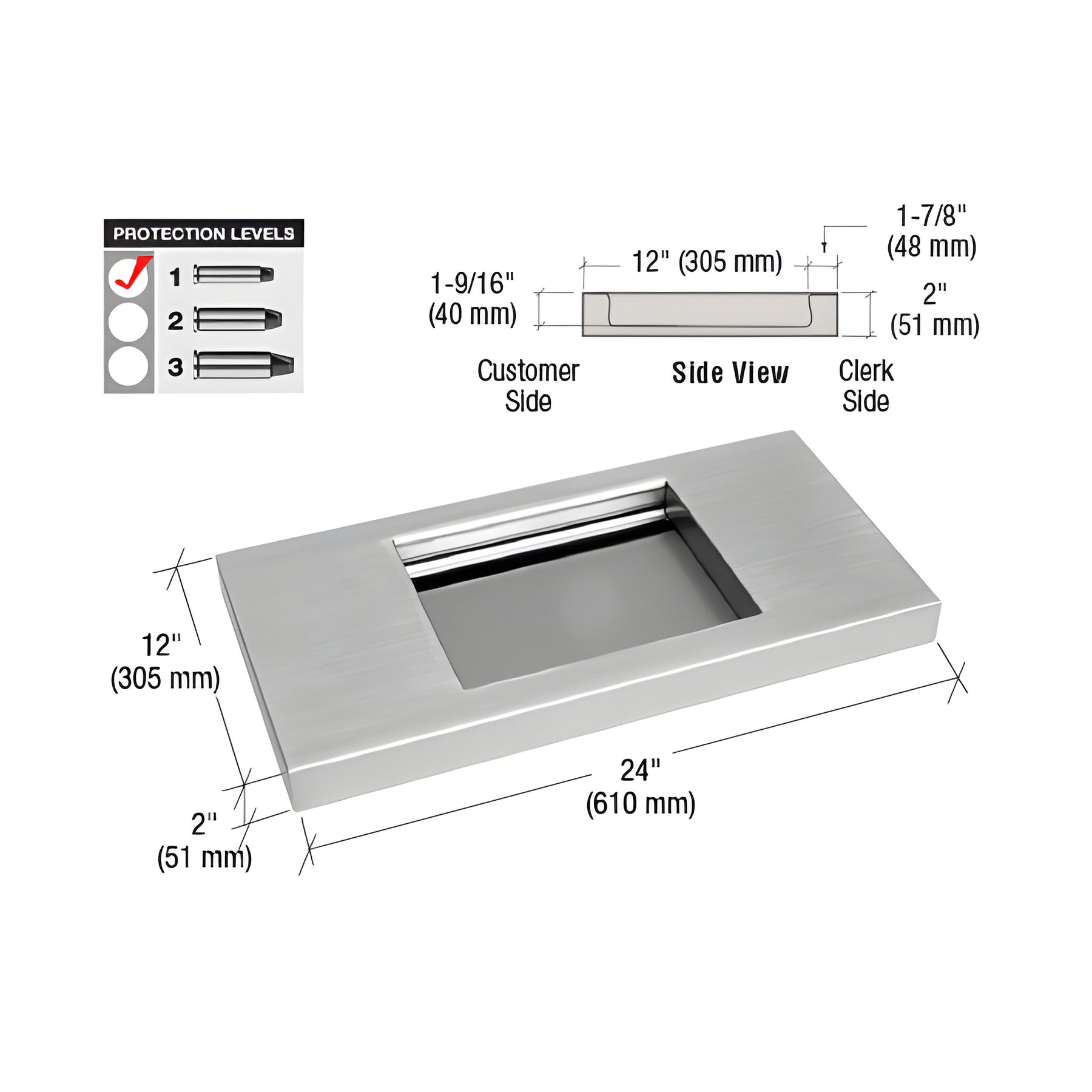 CRL Brushed Stainless 24" Wide x 12" Deep Level 1 Protection Stainless Steel Shelf with Deal Tray