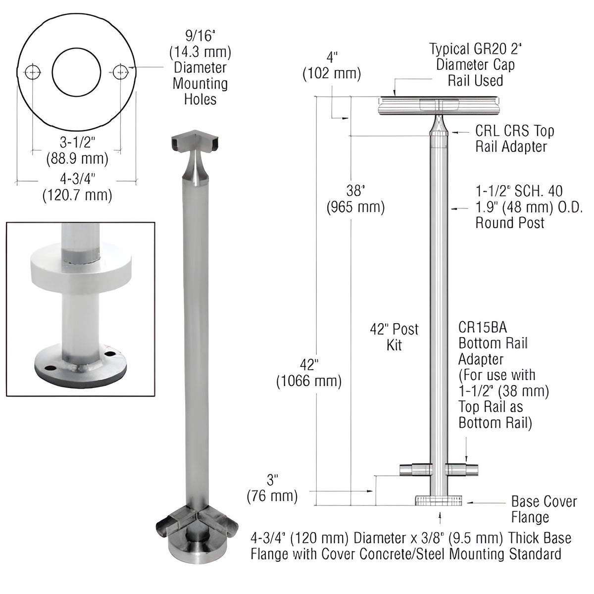 CRL Brushed Stainless 36" CRS Stainless Steel 90º Corner Post Kit