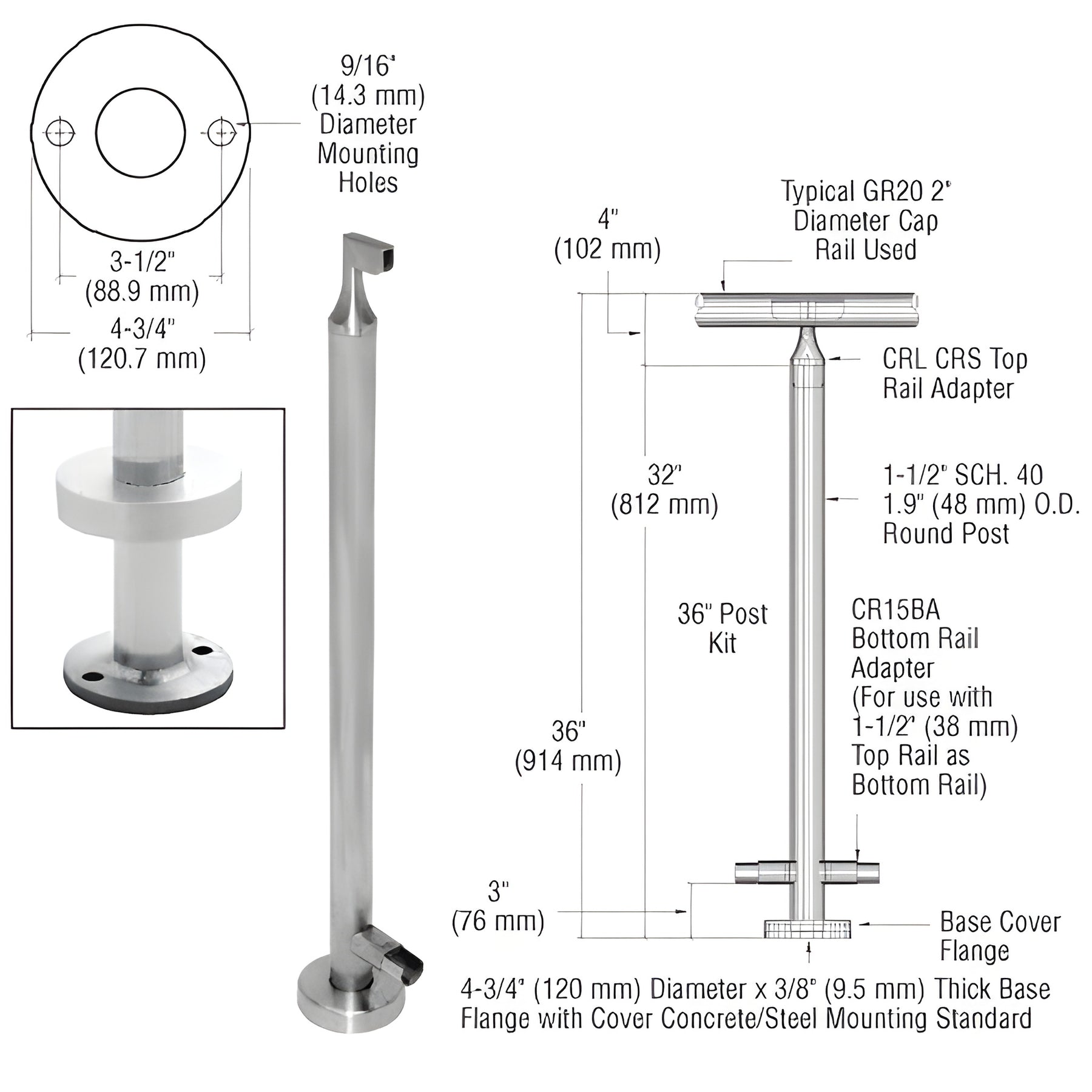 CRL Brushed Stainless 36" CRS Stainless Steel End Post Kit