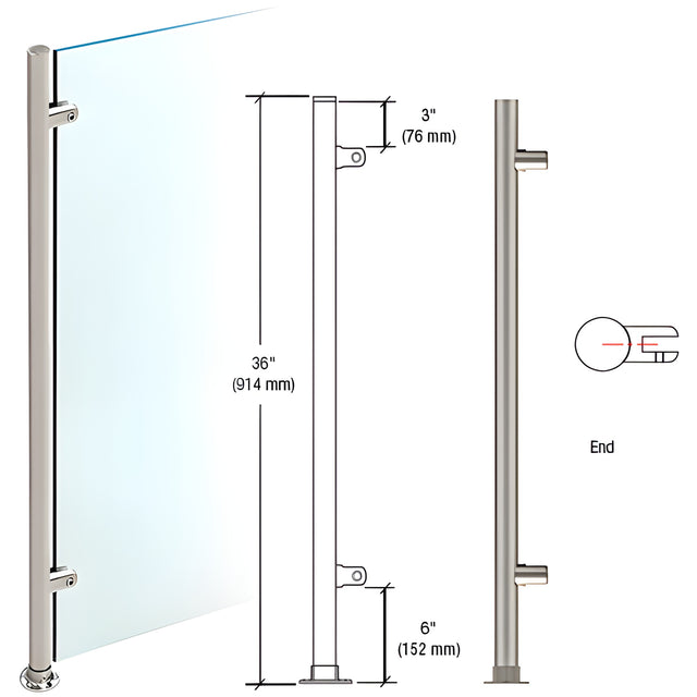 CRL Brushed Stainless 36" High 1" Round Slimline Series Straight Front Counter/Partition End Post