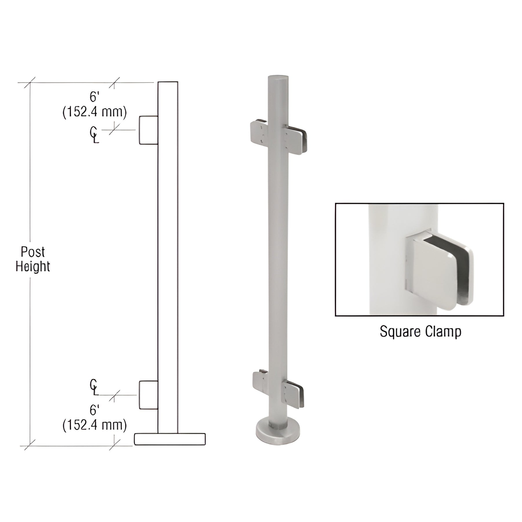 CRL Brushed Stainless 36" Steel Square Glass Clamp 180 Degree Center Post Railing Kit