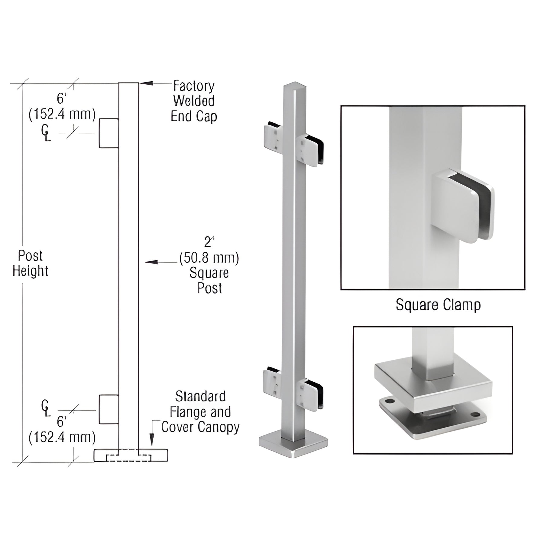 CRL Brushed Stainless 36" Steel Square Glass Clamp 180 Degree Center Square Post Railing Kit