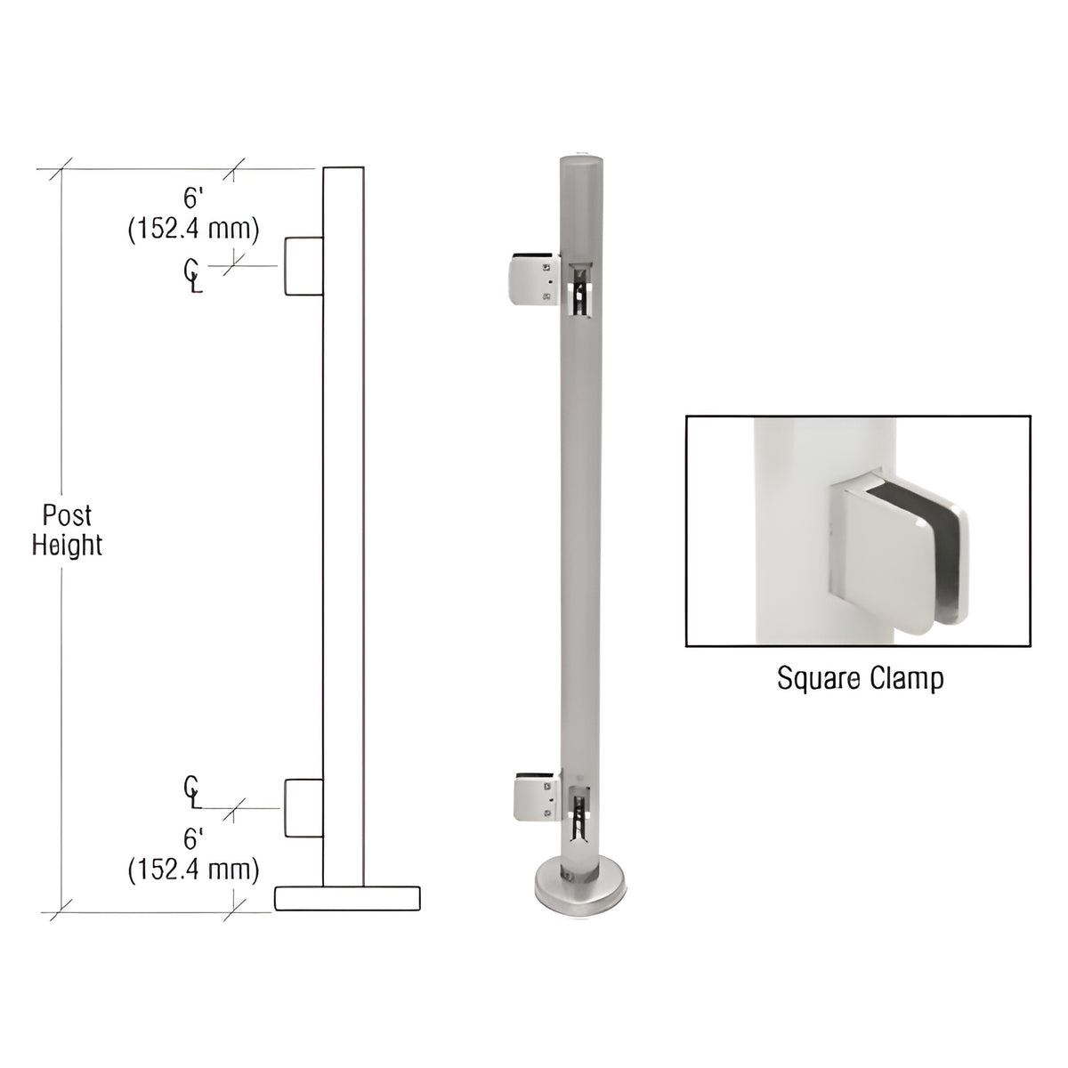 CRL Brushed Stainless 36" Steel Square Glass Clamp 90 Degree Corner Post Railing Kit