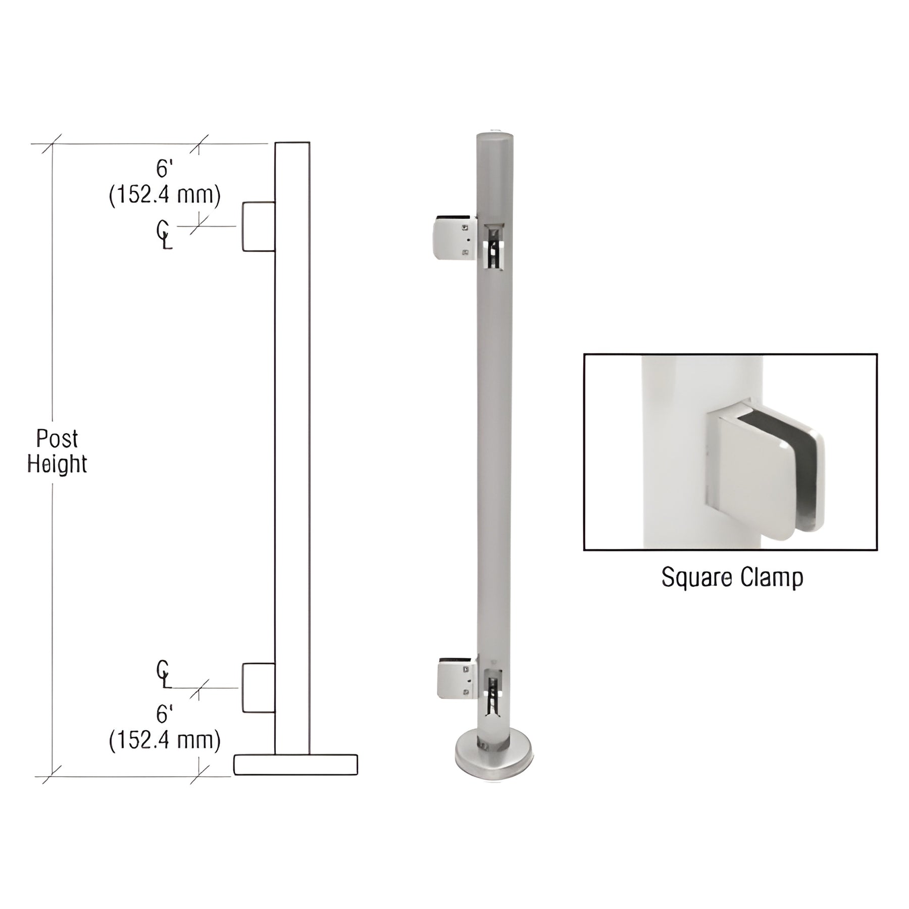 CRL Brushed Stainless 36" Steel Square Glass Clamp 90 Degree Corner Post Railing Kit