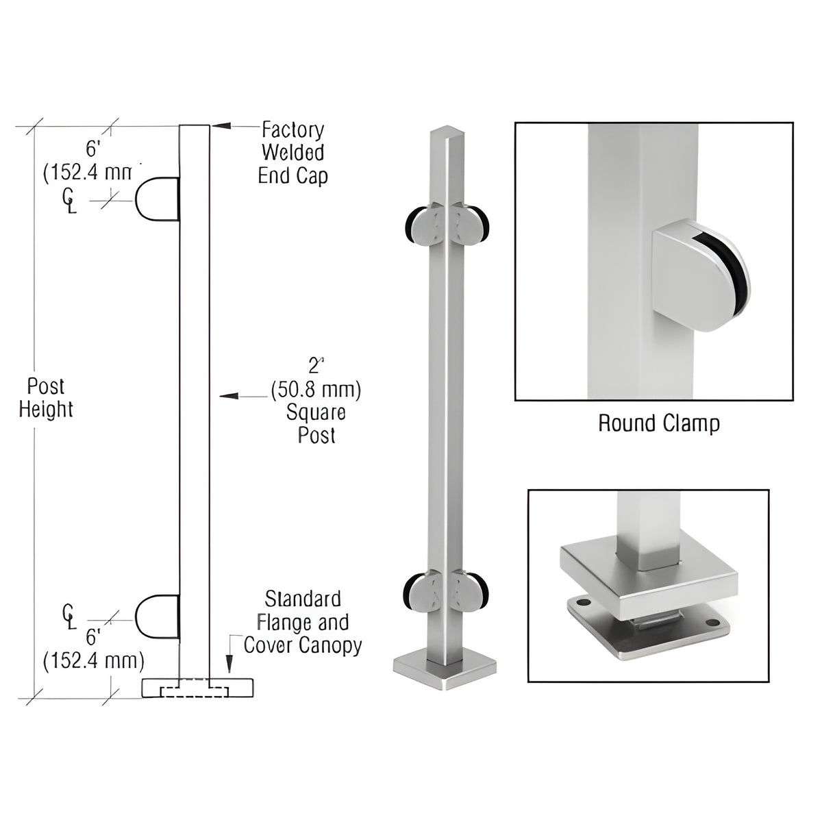 CRL Brushed Stainless 36" Steel Square Glass Clamp 90 Degree Corner Square Post Railing Kit