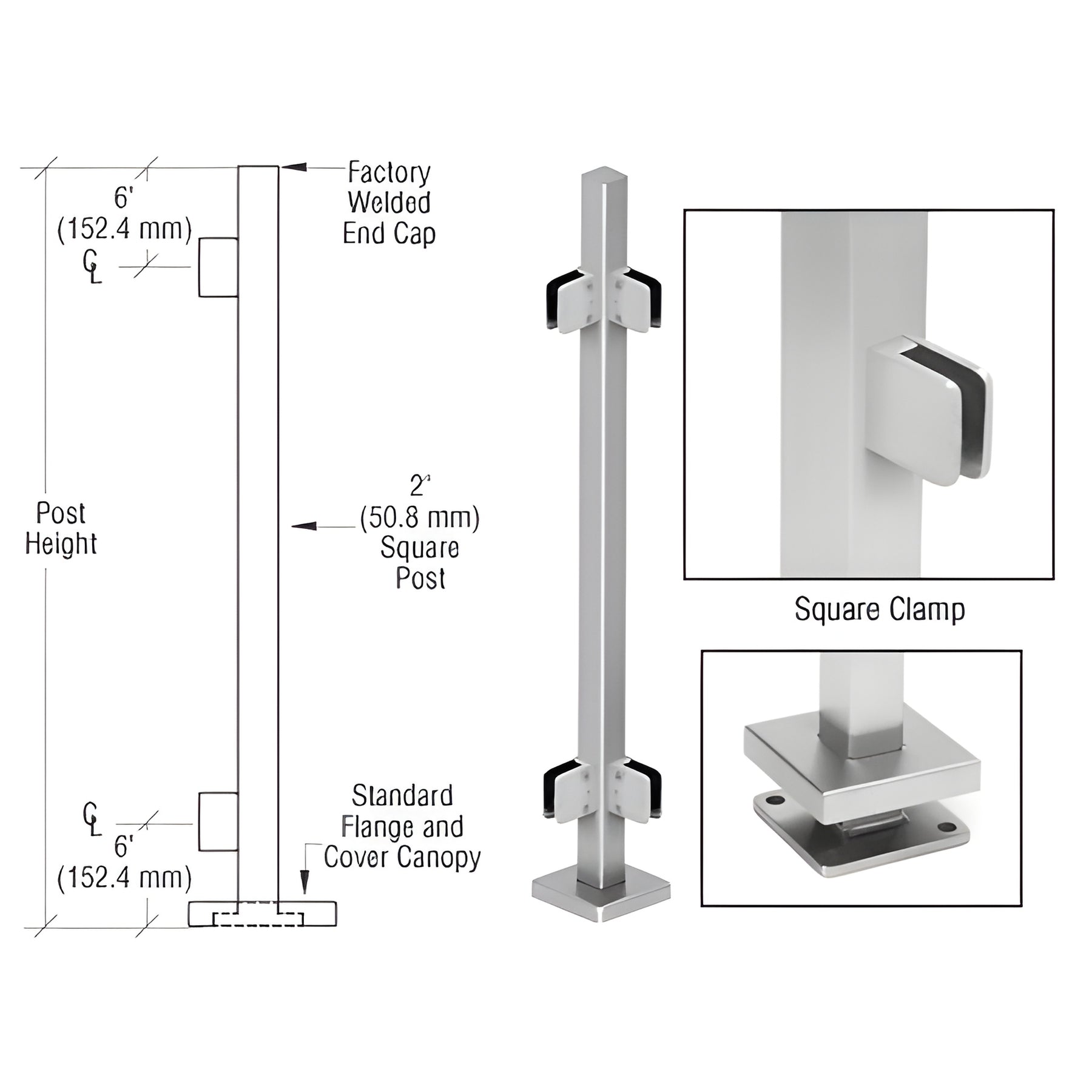 CRL Brushed Stainless 36" Steel Square Glass Clamp 90 Degree Corner Square Post Railing Kit