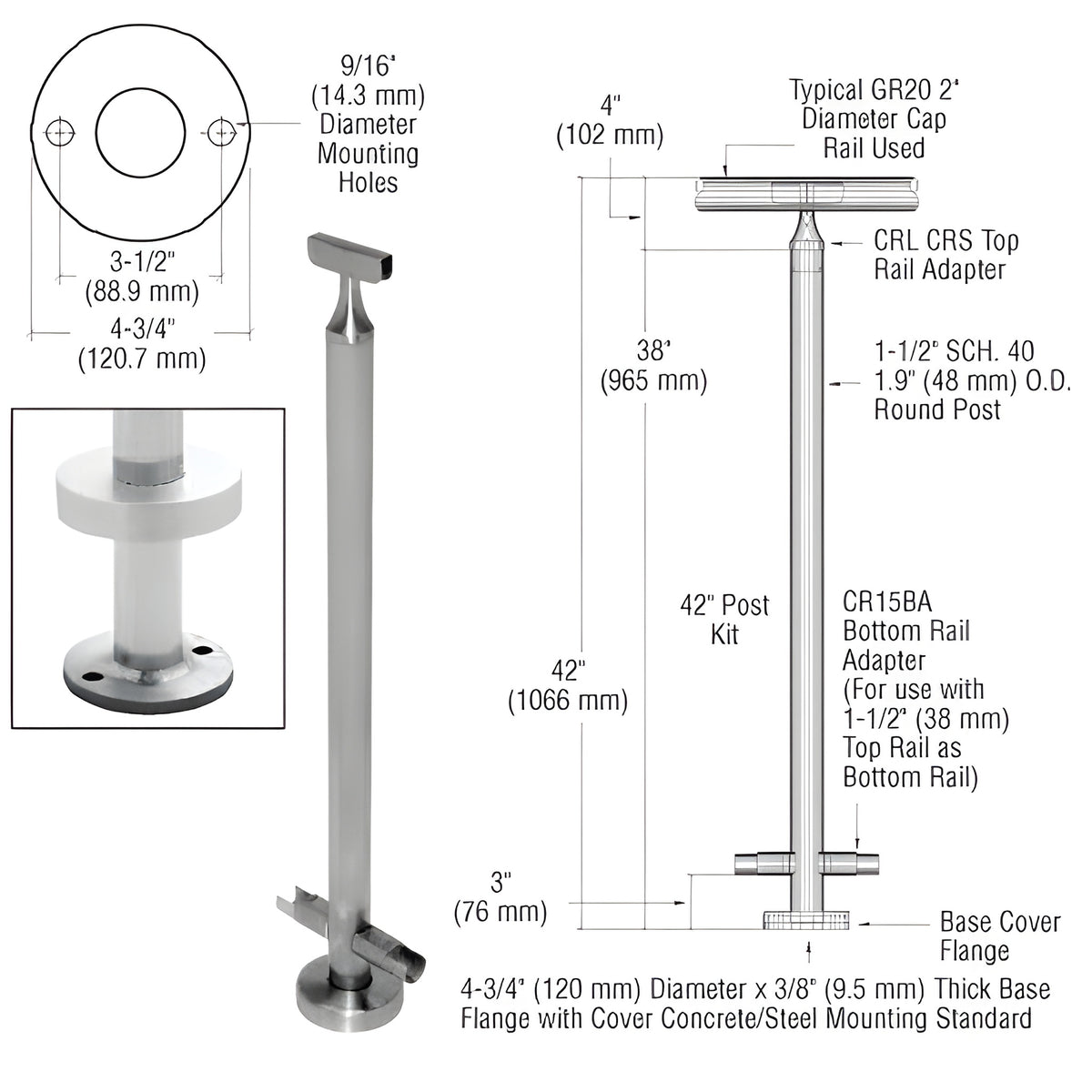 CRL Brushed Stainless 42" CRS Stainless Steel 180º Center Post Kit