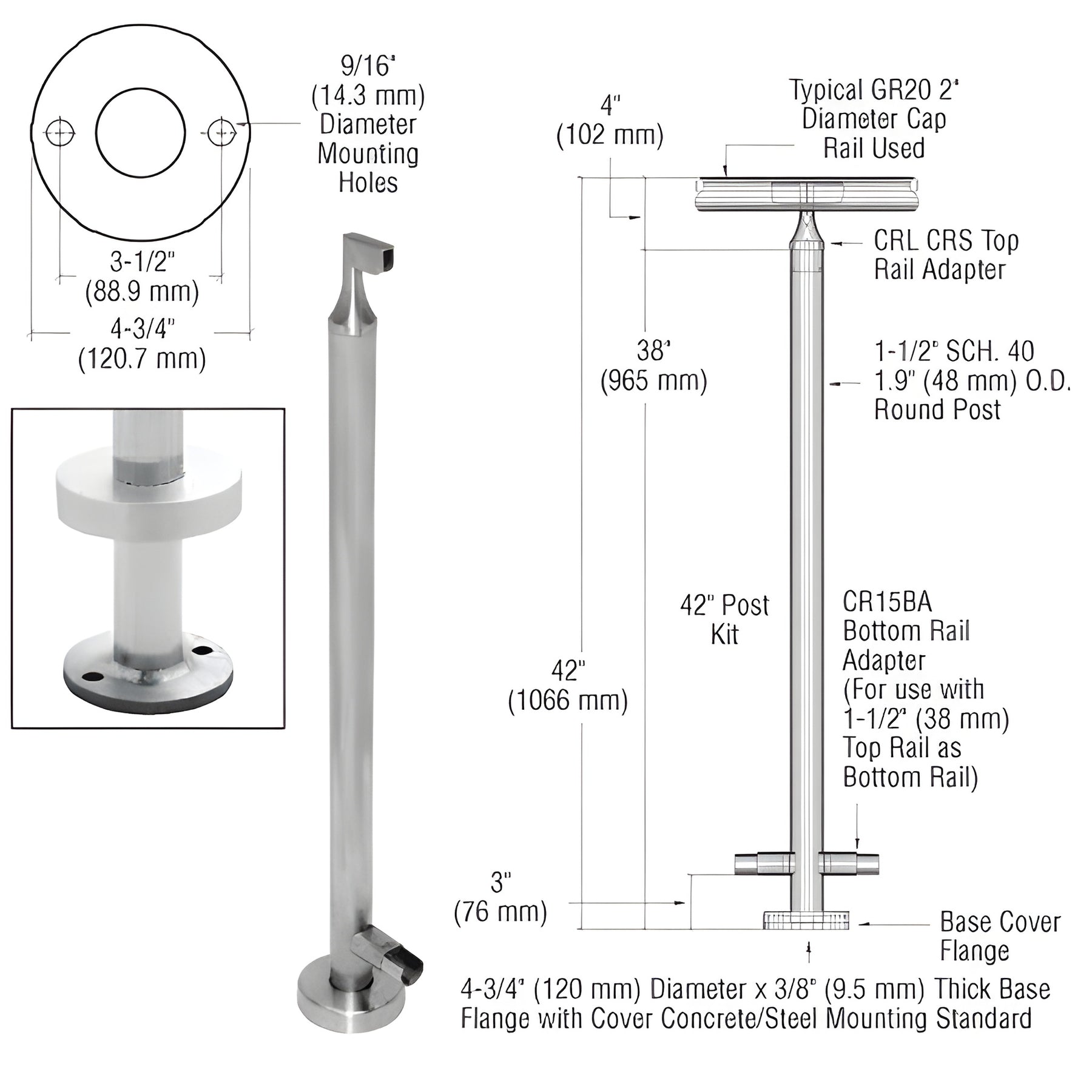 CRL Brushed Stainless 42" CRS Stainless Steel End Post Kit