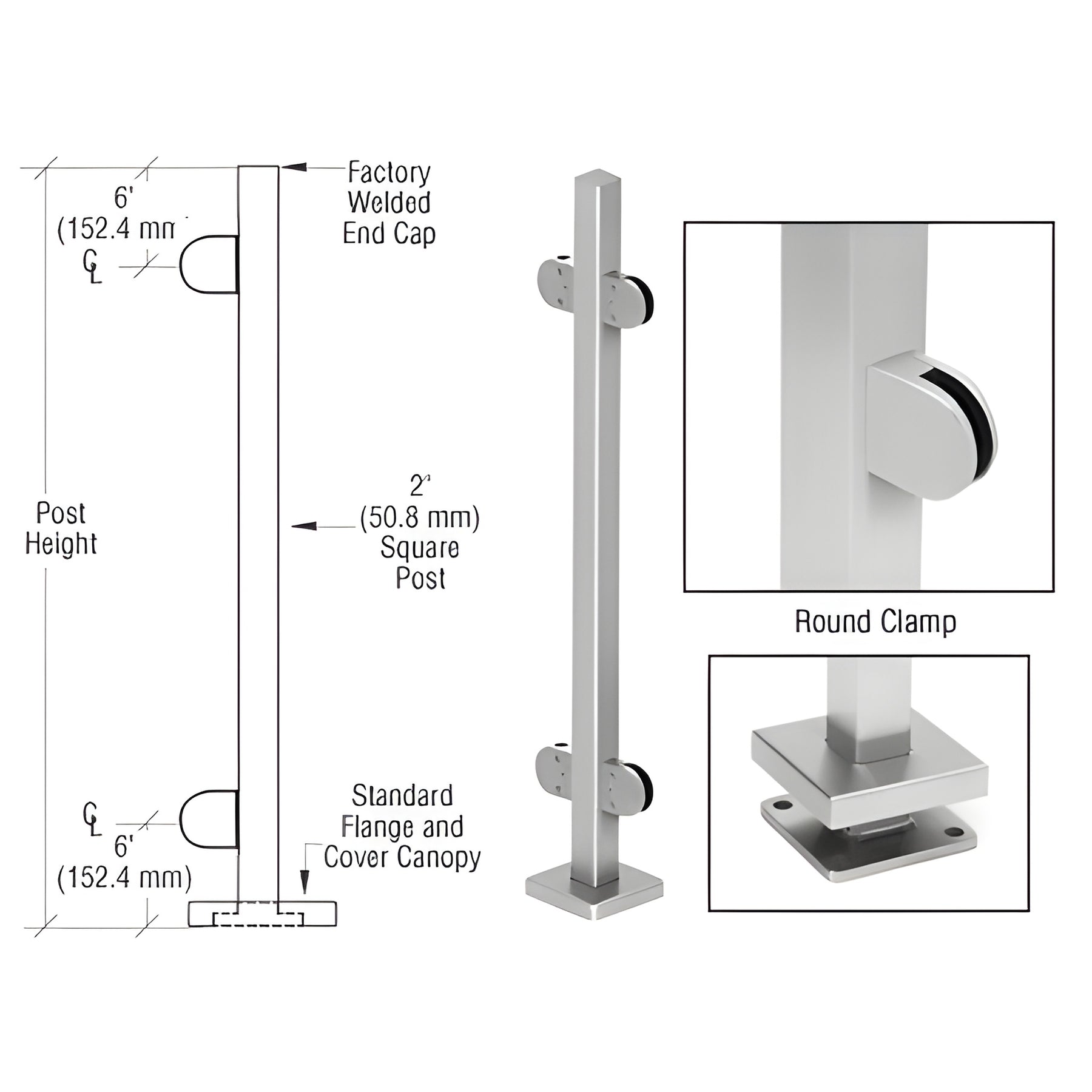 CRL Brushed Stainless 42" Steel Round Glass Clamp 180 Degree Center Square Post Railing Kit