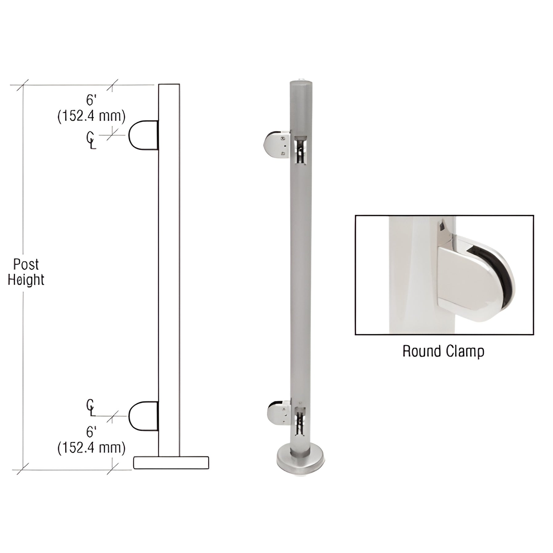 CRL Brushed Stainless 42" Steel Round Glass Clamp 90 Degree Corner Post Railing Kit