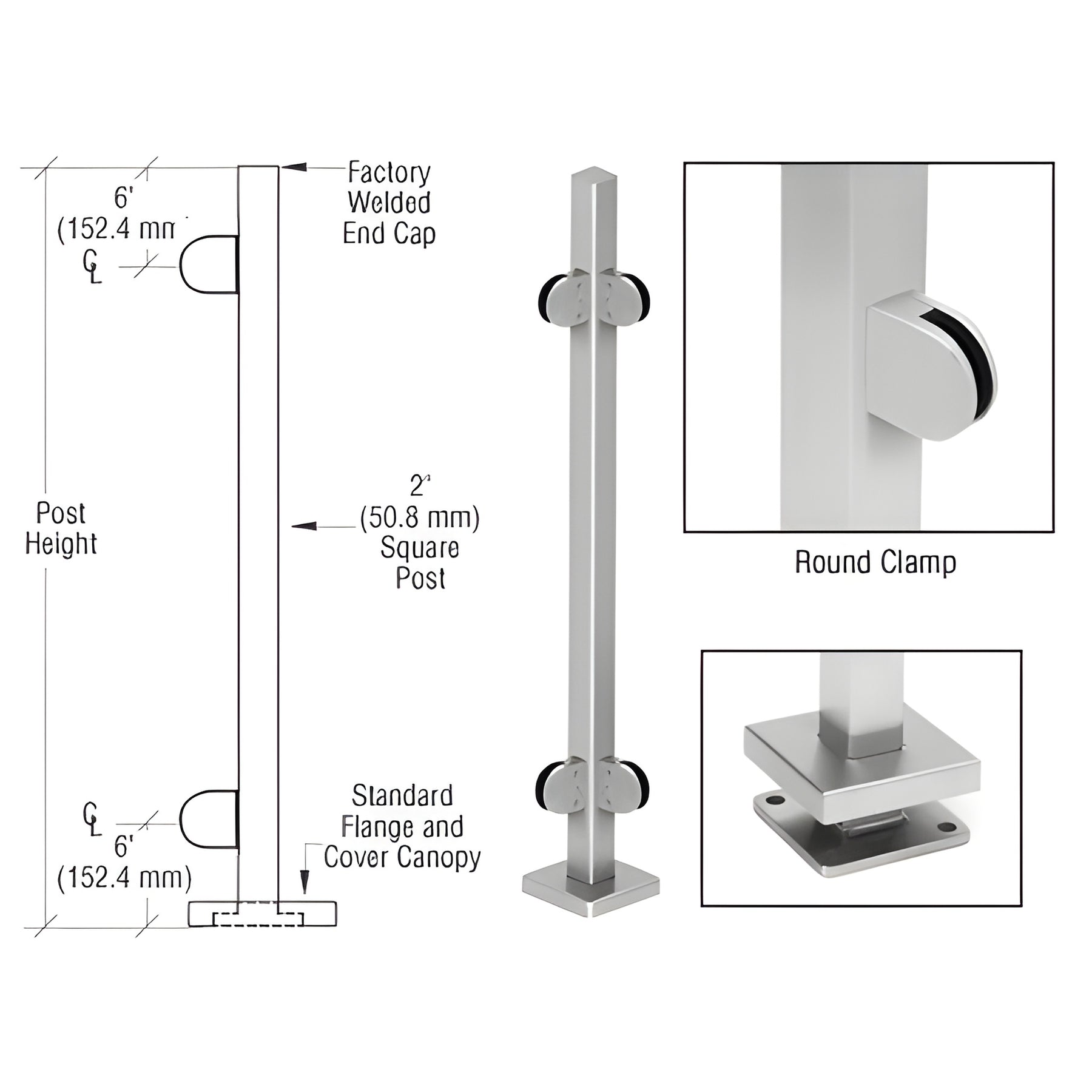 CRL Brushed Stainless 42" Steel Round Glass Clamp 90º Corner Post Railing Kit