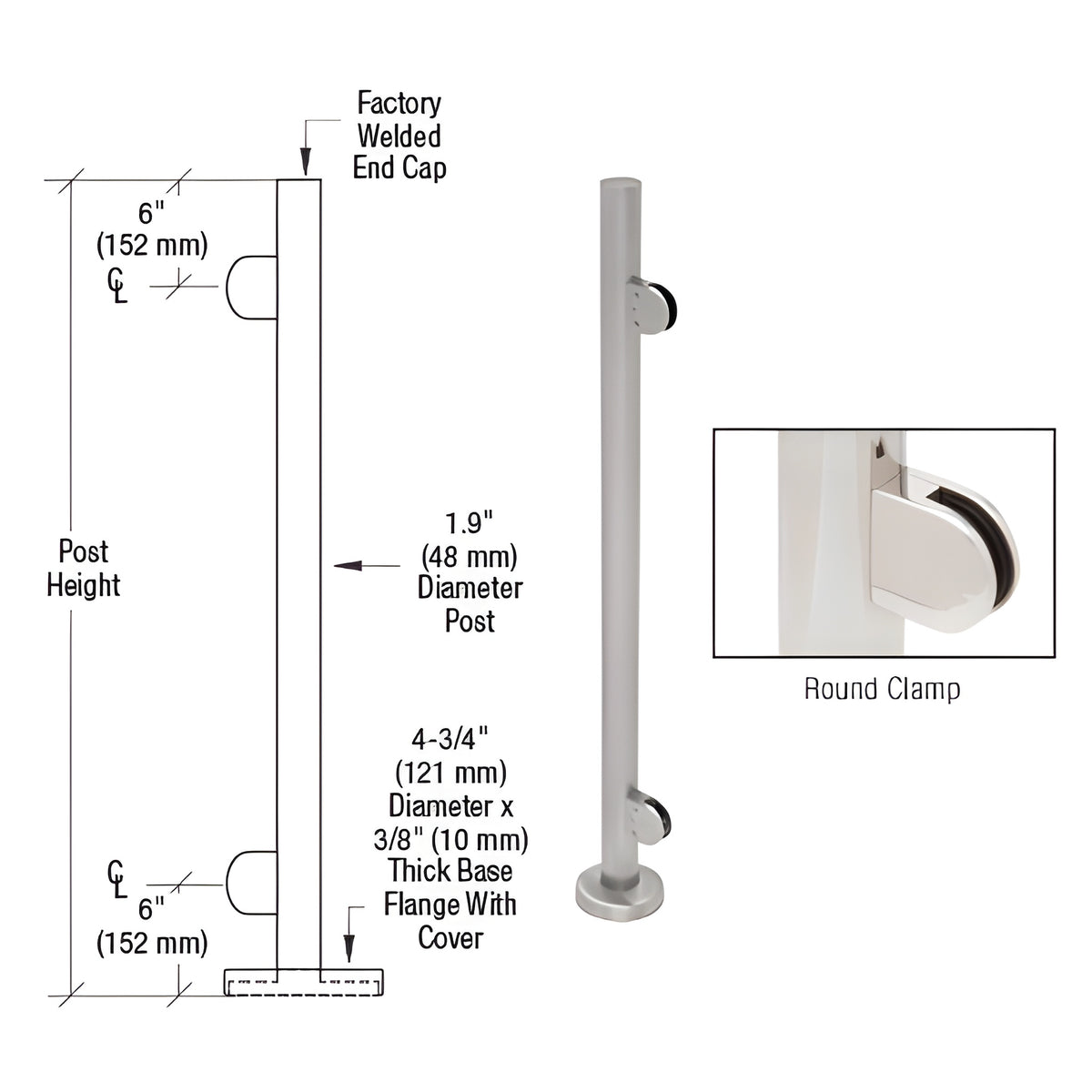 CRL Brushed Stainless 42" Steel Round Glass Clamp End Post Railing Kit