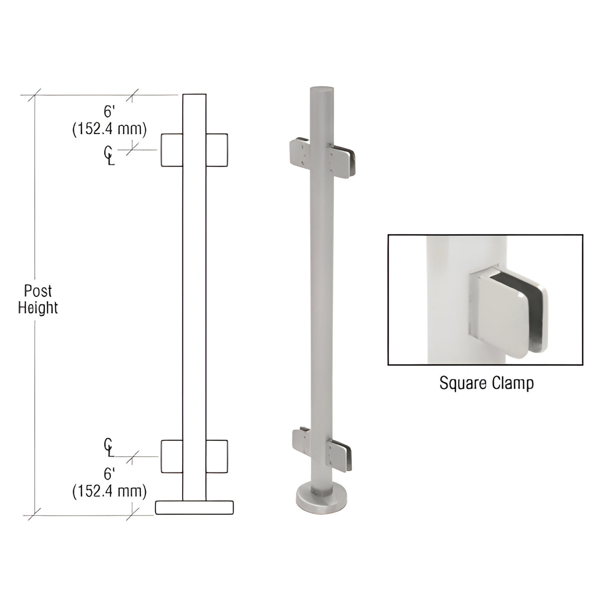 CRL Brushed Stainless 42" Steel Square Glass Clamp 180 Degree Center Post Railing Kit