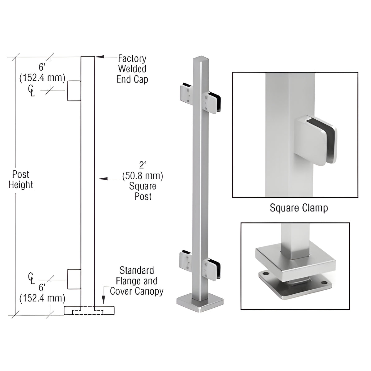 CRL Brushed Stainless 42" Steel Square Glass Clamp 180 Degree Center Square Post Railing Kit
