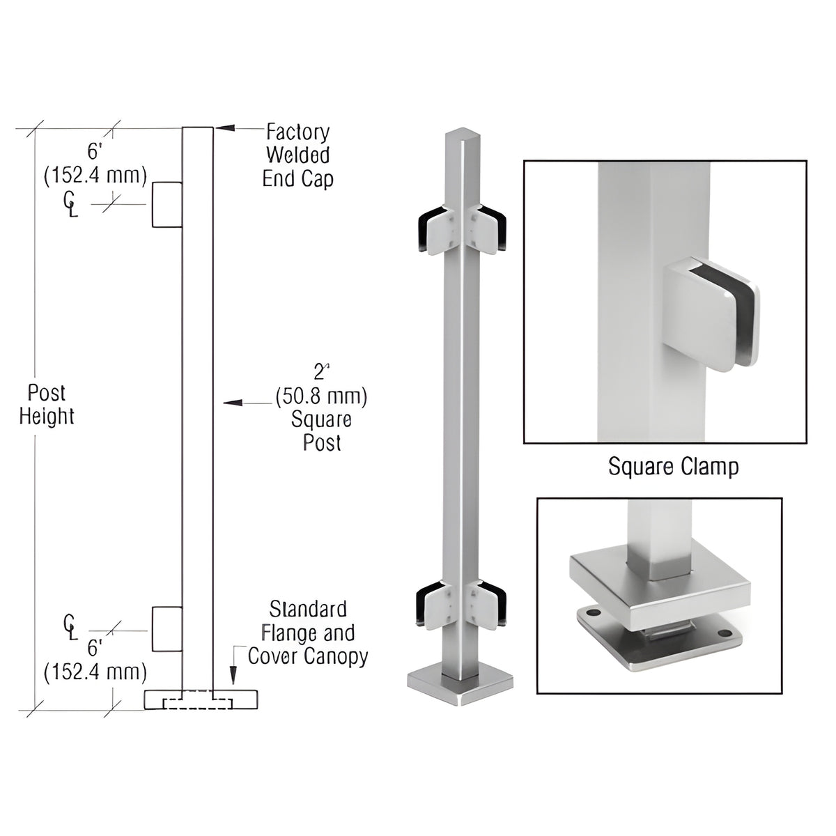 CRL Brushed Stainless 42" Steel Square Glass Clamp 90 Degree Corner Post Railing Kit