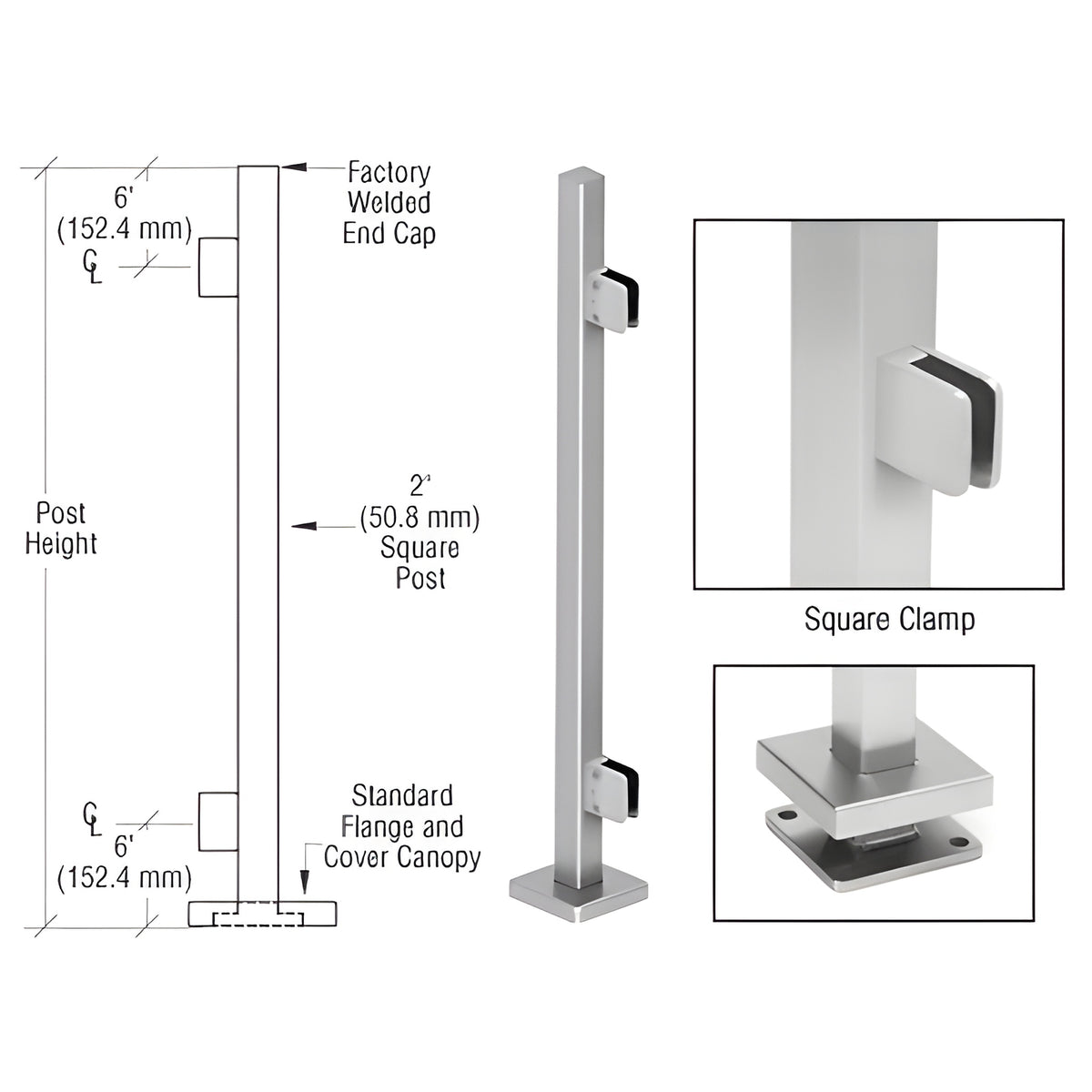 CRL Brushed Stainless 42" Steel Square Glass Clamp End Square Post Railing Kit