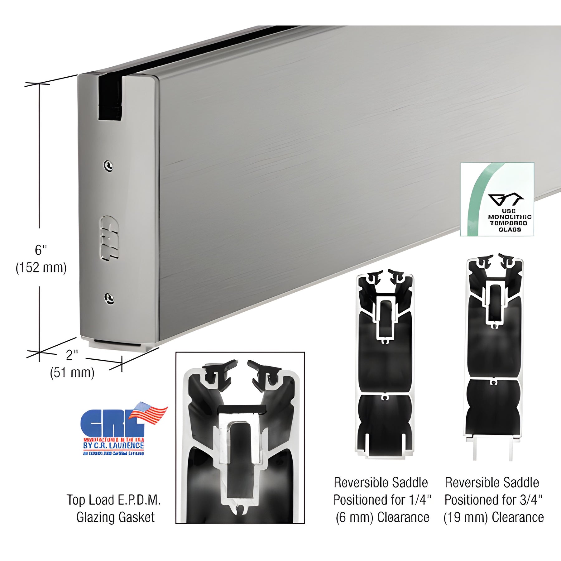 CRL Brushed Stainless 6" Custom Length Square Sidelite Rail for 3/8" and 1/2" Glass