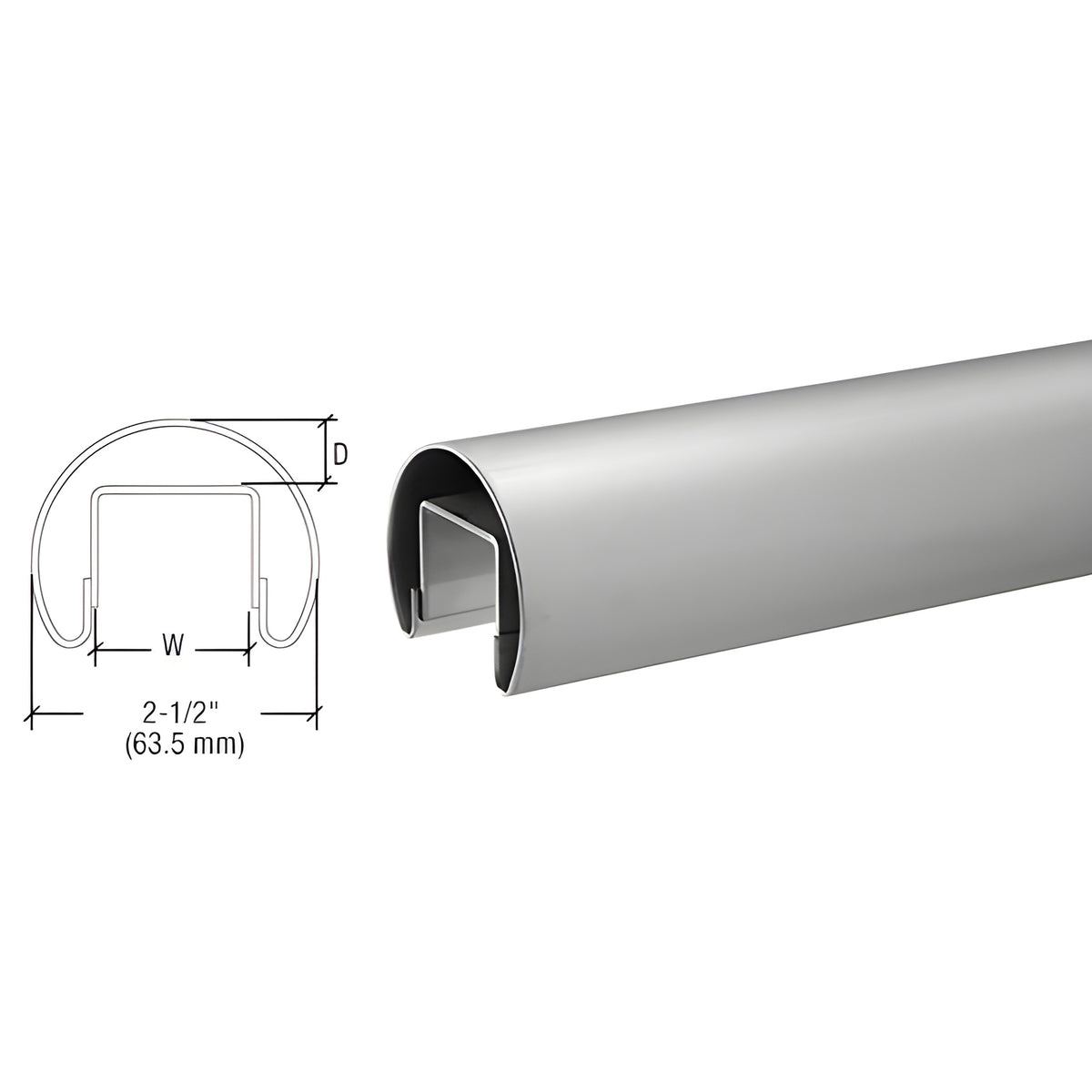 CRL Brushed Stainless 63.5 mm Premium Cap Rail for 21.52 mm or 25.52 mm Glass - 3 m Long