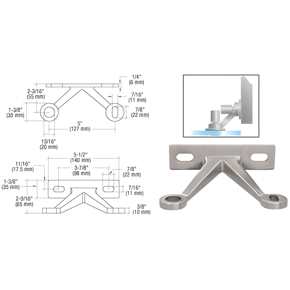 CRL Brushed Stainless Double Arm 'V' Wall/Fin Mounted Fitting